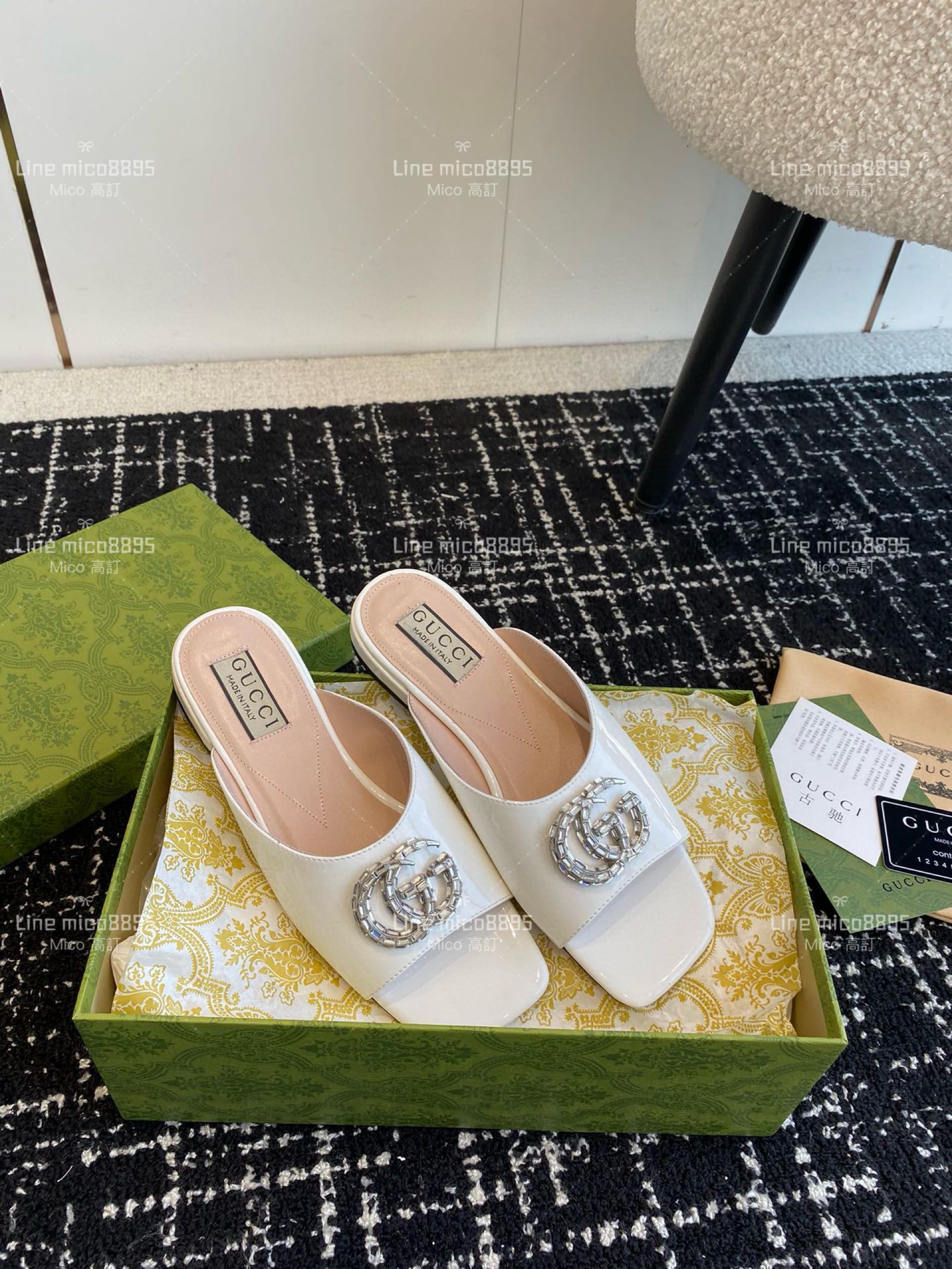 Gucci 24春夏GG水鑽涼拖鞋  白色方頭粗跟果凍色露跟拖鞋 35-40