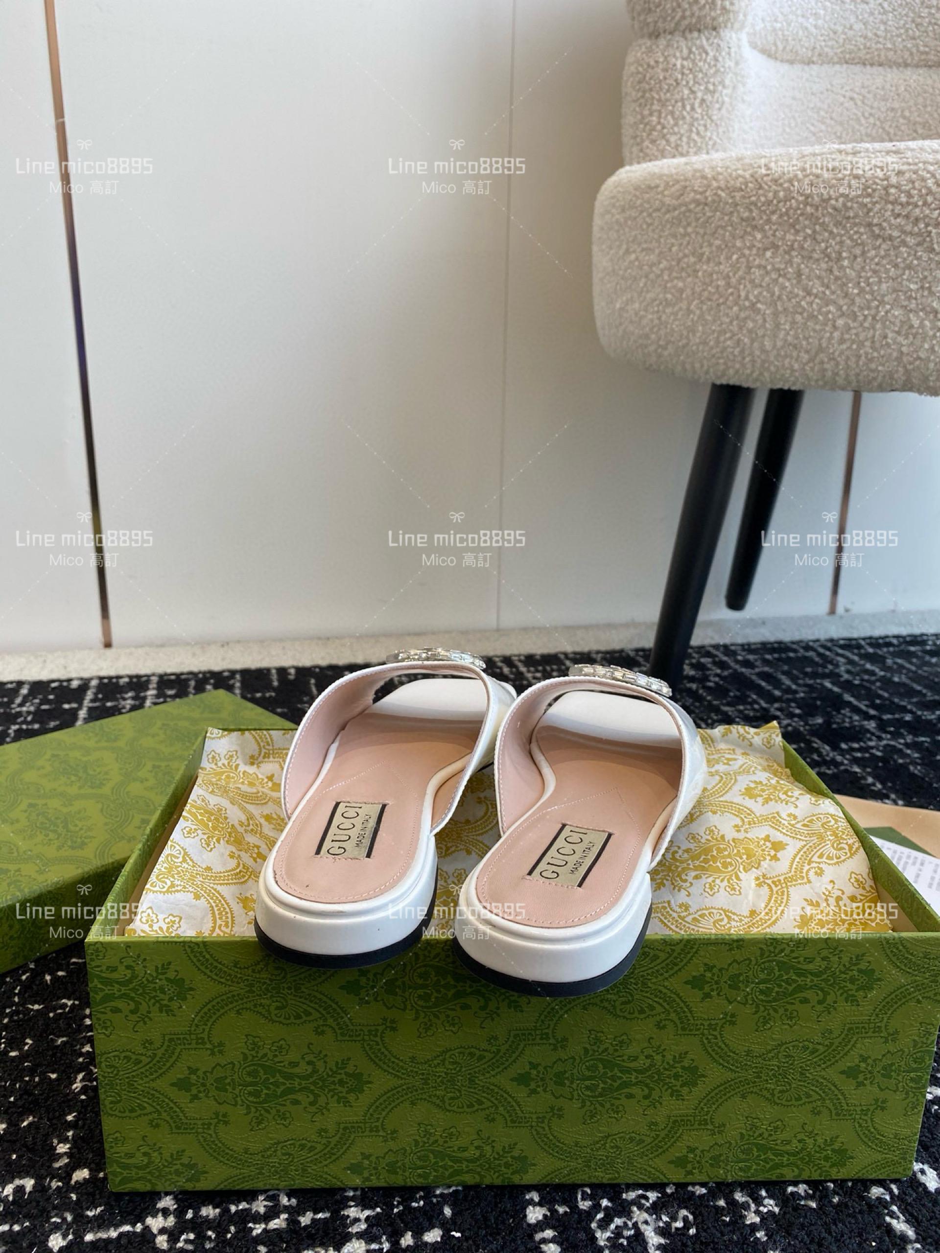 Gucci 24春夏GG水鑽涼拖鞋  白色方頭粗跟果凍色露跟拖鞋 35-40