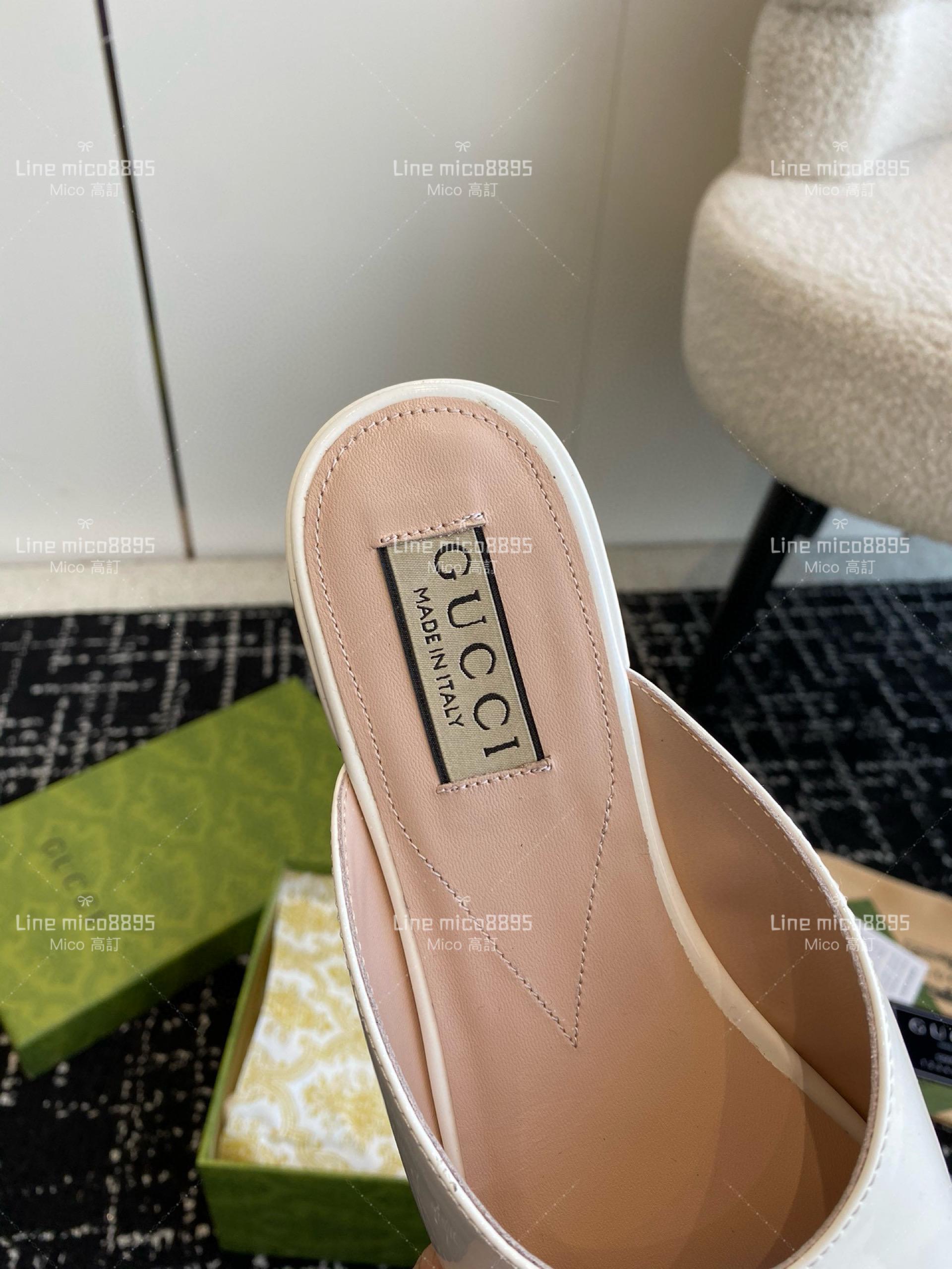 Gucci 24春夏GG水鑽涼拖鞋  白色方頭粗跟果凍色露跟拖鞋 35-40