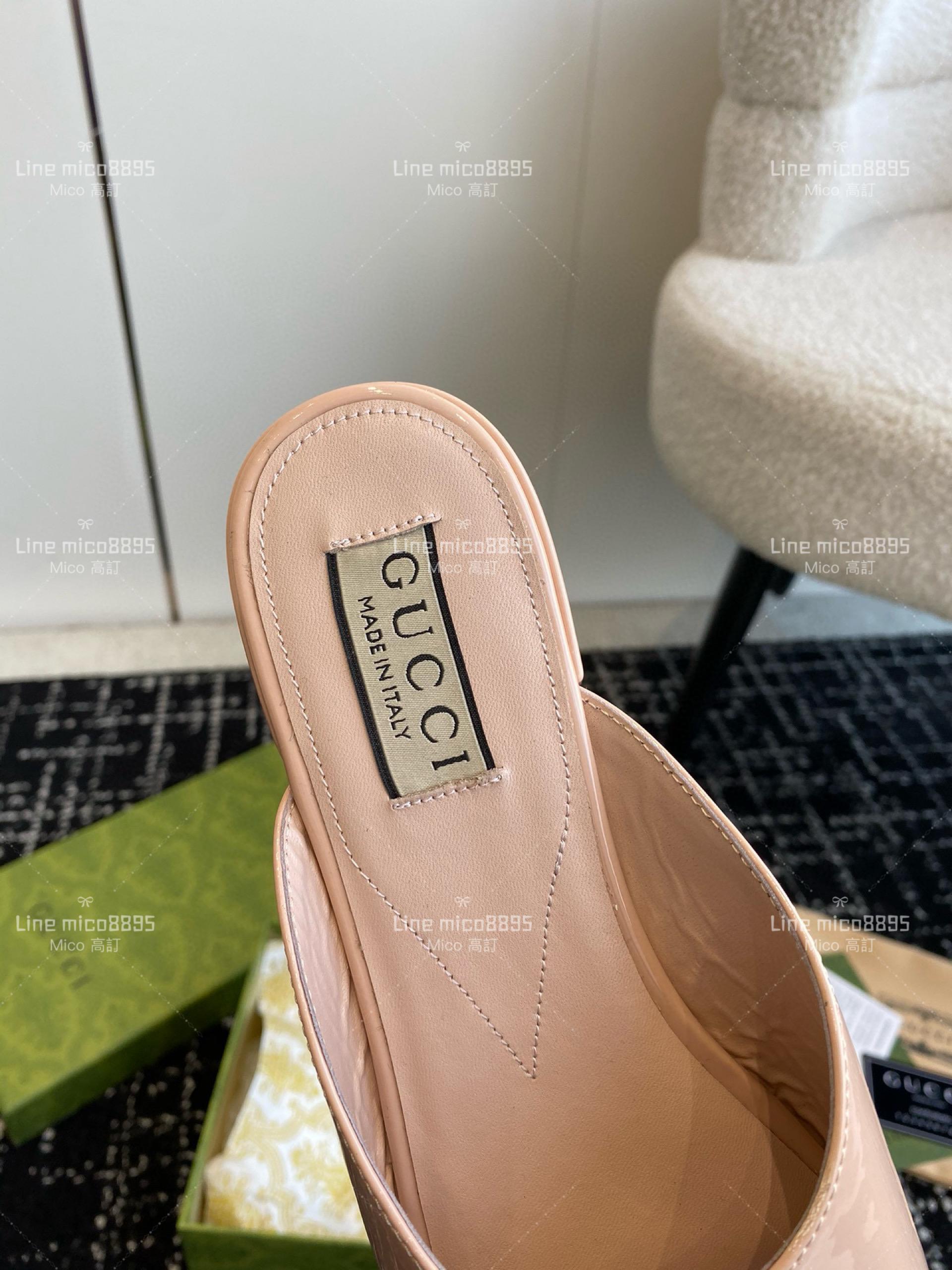 Gucci 24春夏GG水鑽涼拖鞋  裸粉色 方頭粗跟果凍色露跟拖鞋 35-40