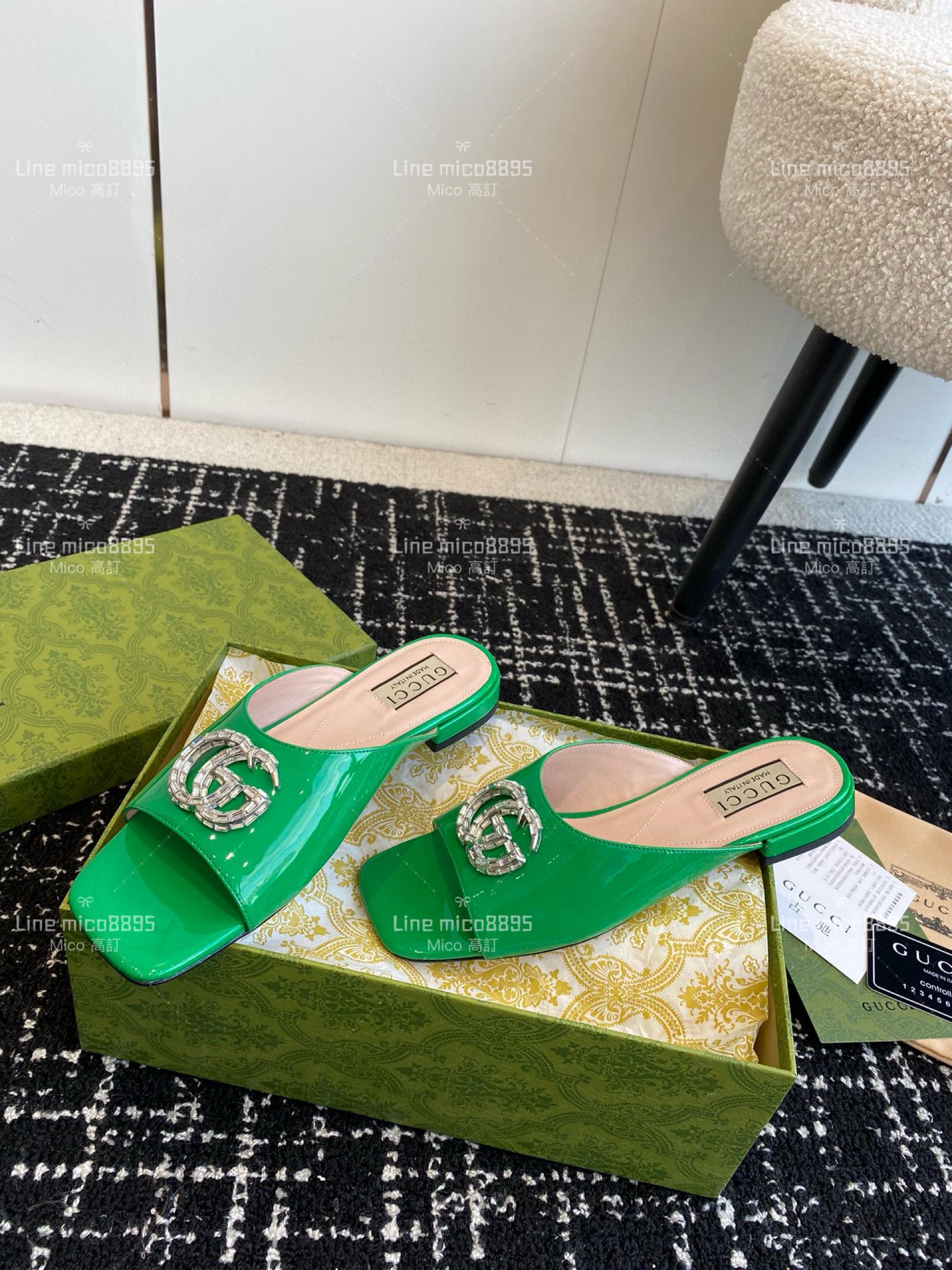 Gucci 24春夏GG水鑽涼拖鞋 竹子綠 方頭粗跟果凍色露跟拖鞋 35-40