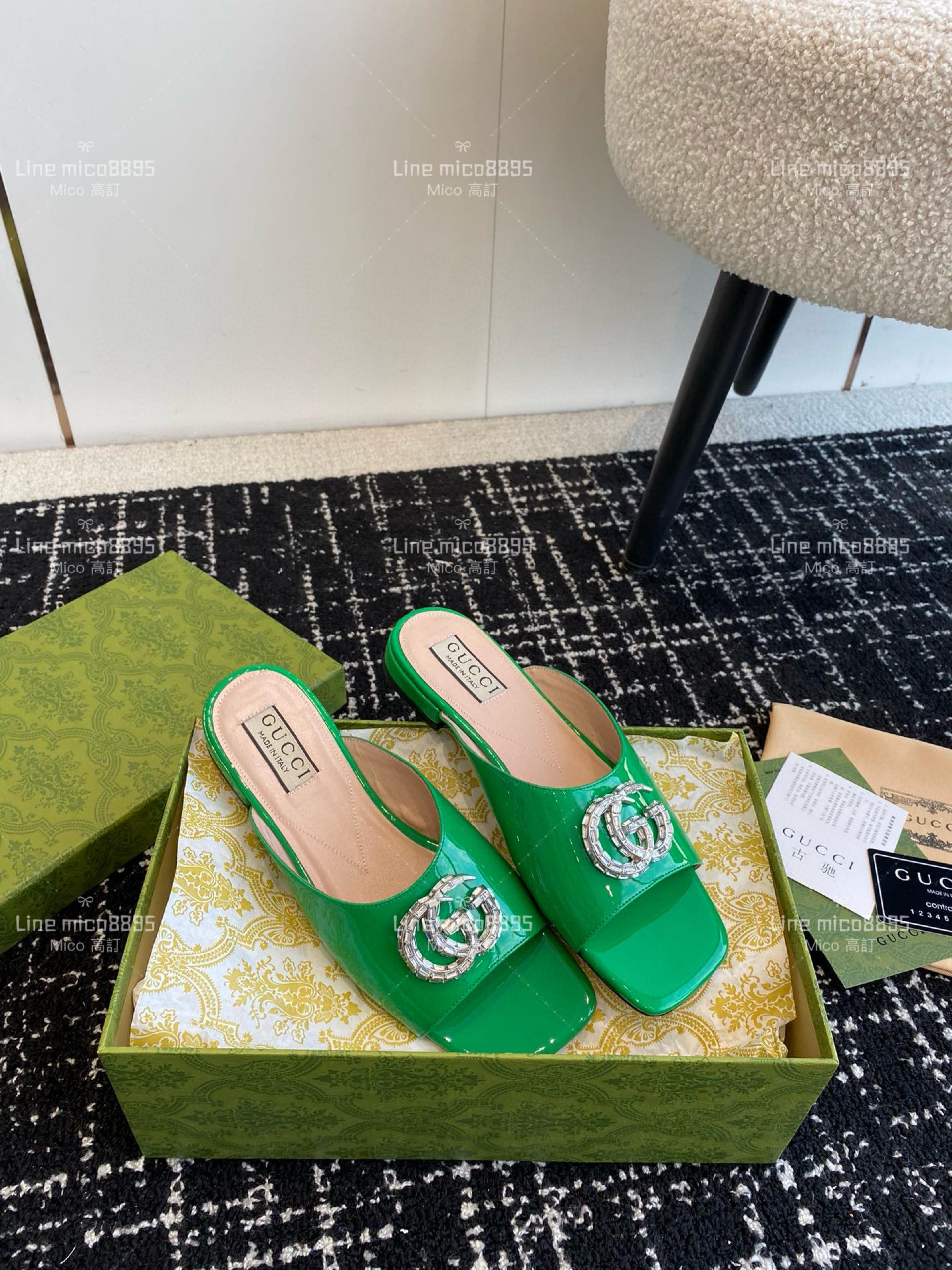 Gucci 24春夏GG水鑽涼拖鞋 竹子綠 方頭粗跟果凍色露跟拖鞋 35-40