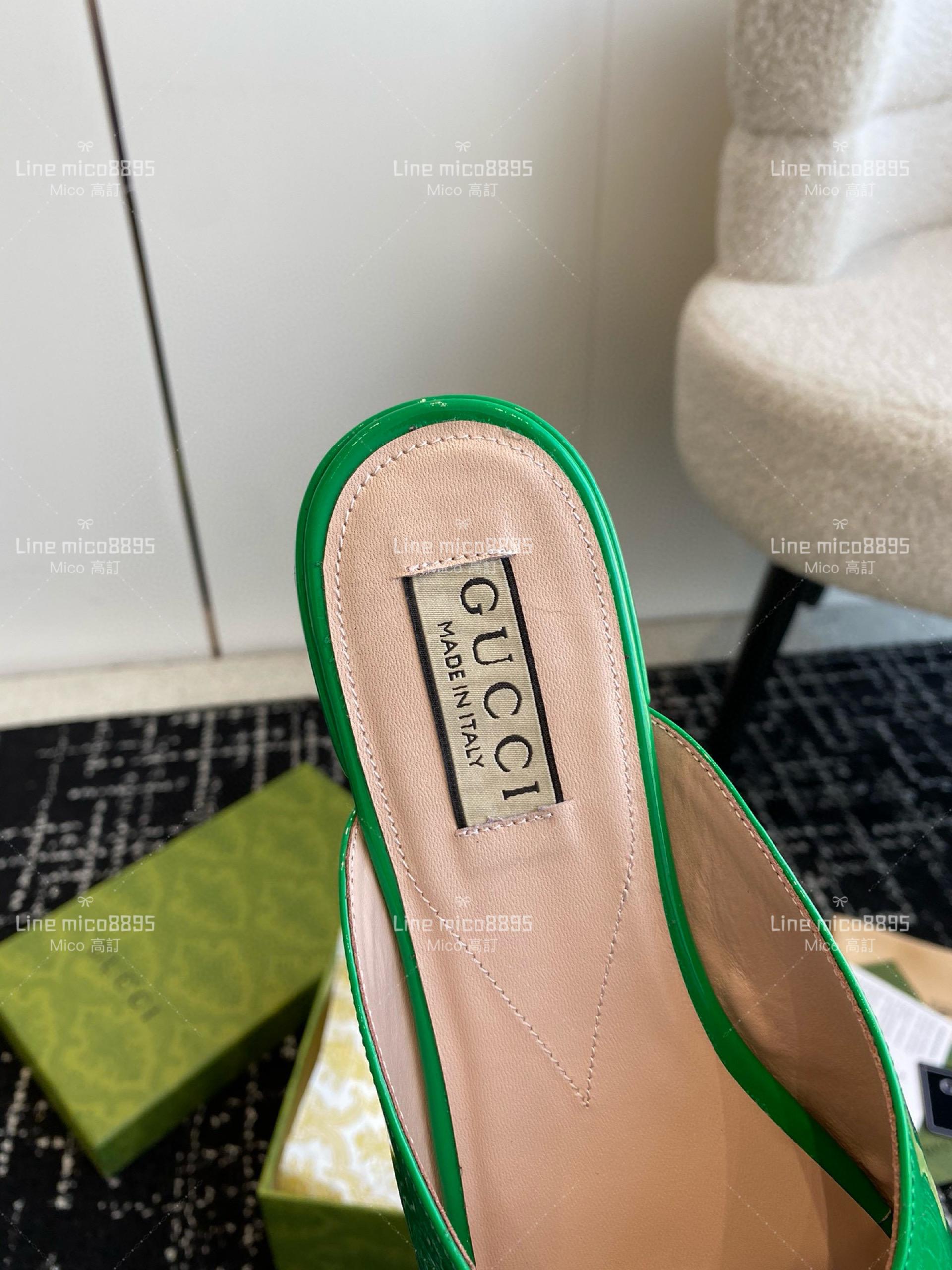 Gucci 24春夏GG水鑽涼拖鞋 竹子綠 方頭粗跟果凍色露跟拖鞋 35-40