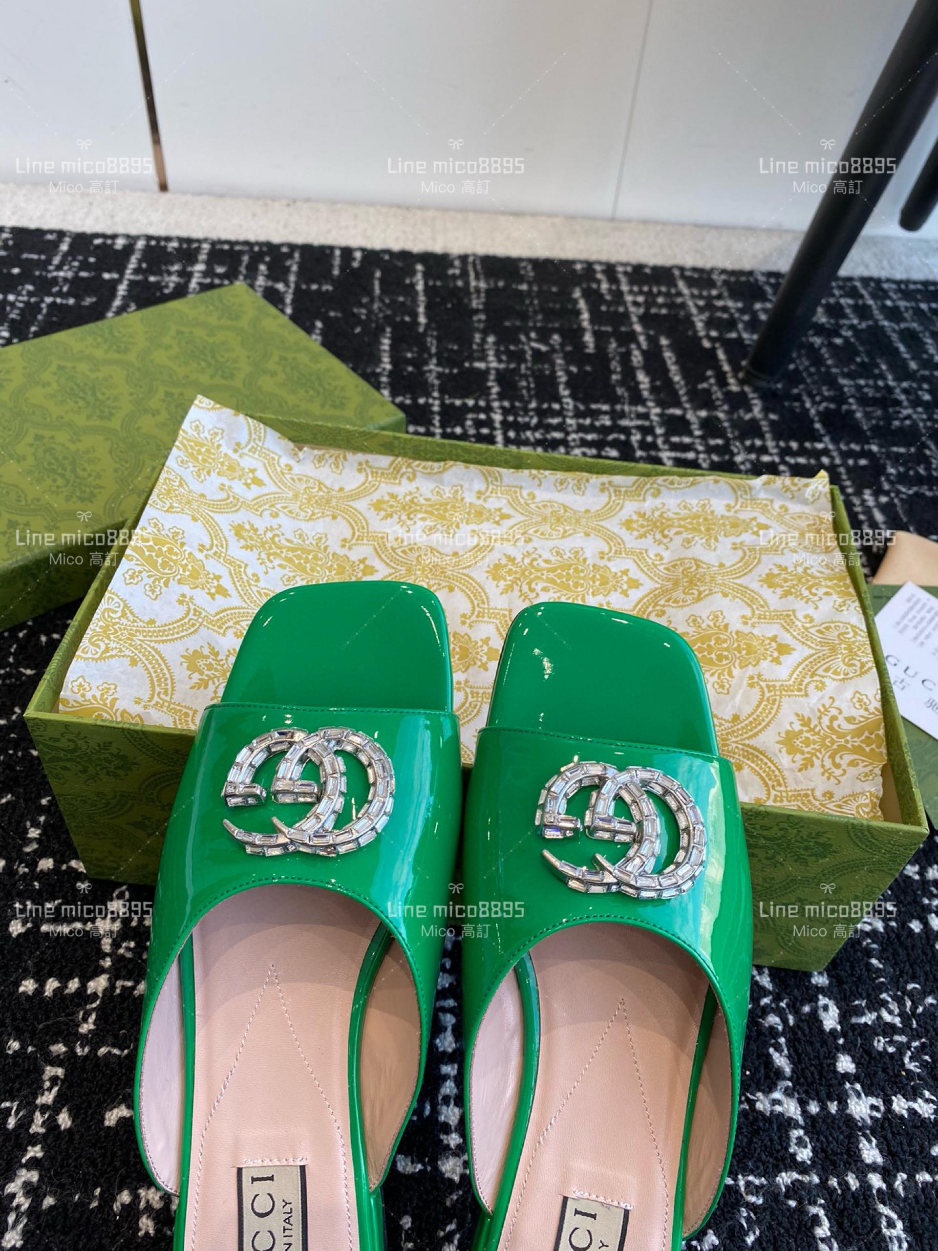 Gucci 24春夏GG水鑽涼拖鞋 竹子綠 方頭粗跟果凍色露跟拖鞋 35-40