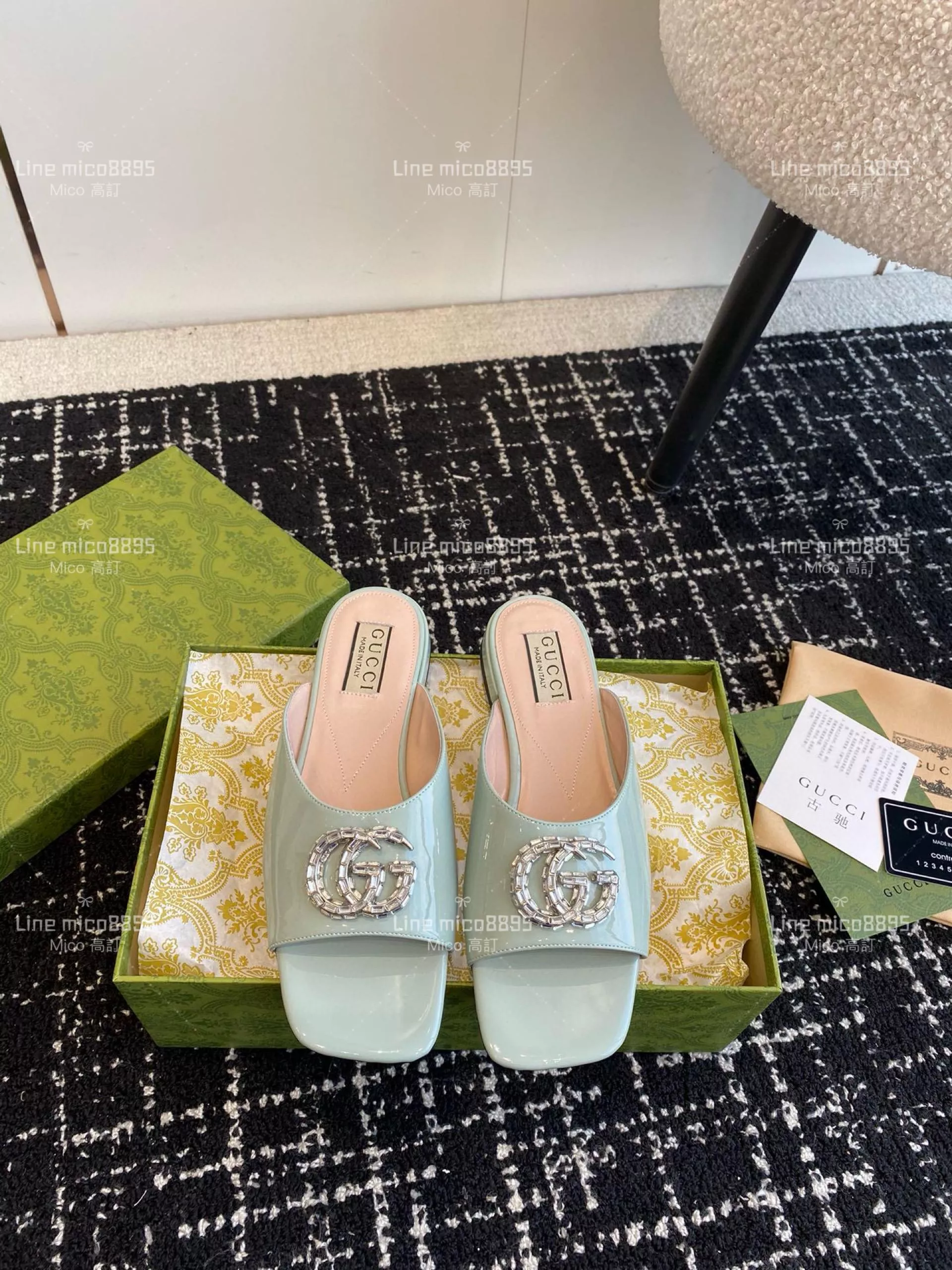 Gucci 24春夏GG水鑽涼拖鞋  湖水藍 方頭粗跟果凍色露跟拖鞋 35-40