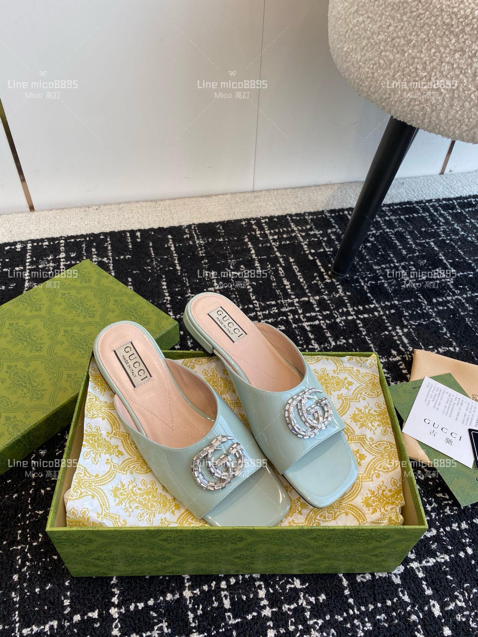 Gucci 24春夏GG水鑽涼拖鞋  湖水藍 方頭粗跟果凍色露跟拖鞋 35-40