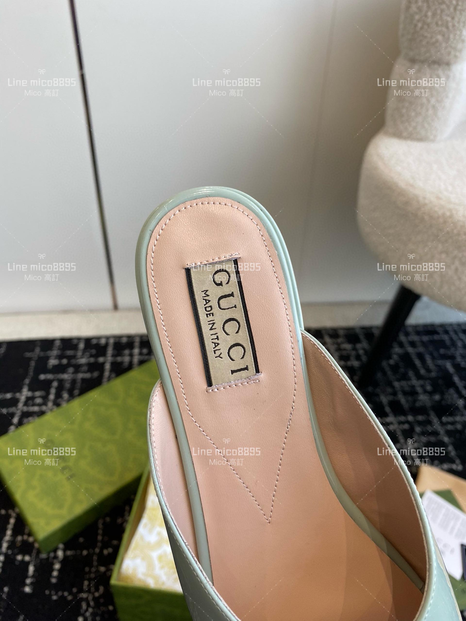 Gucci 24春夏GG水鑽涼拖鞋  湖水藍 方頭粗跟果凍色露跟拖鞋 35-40