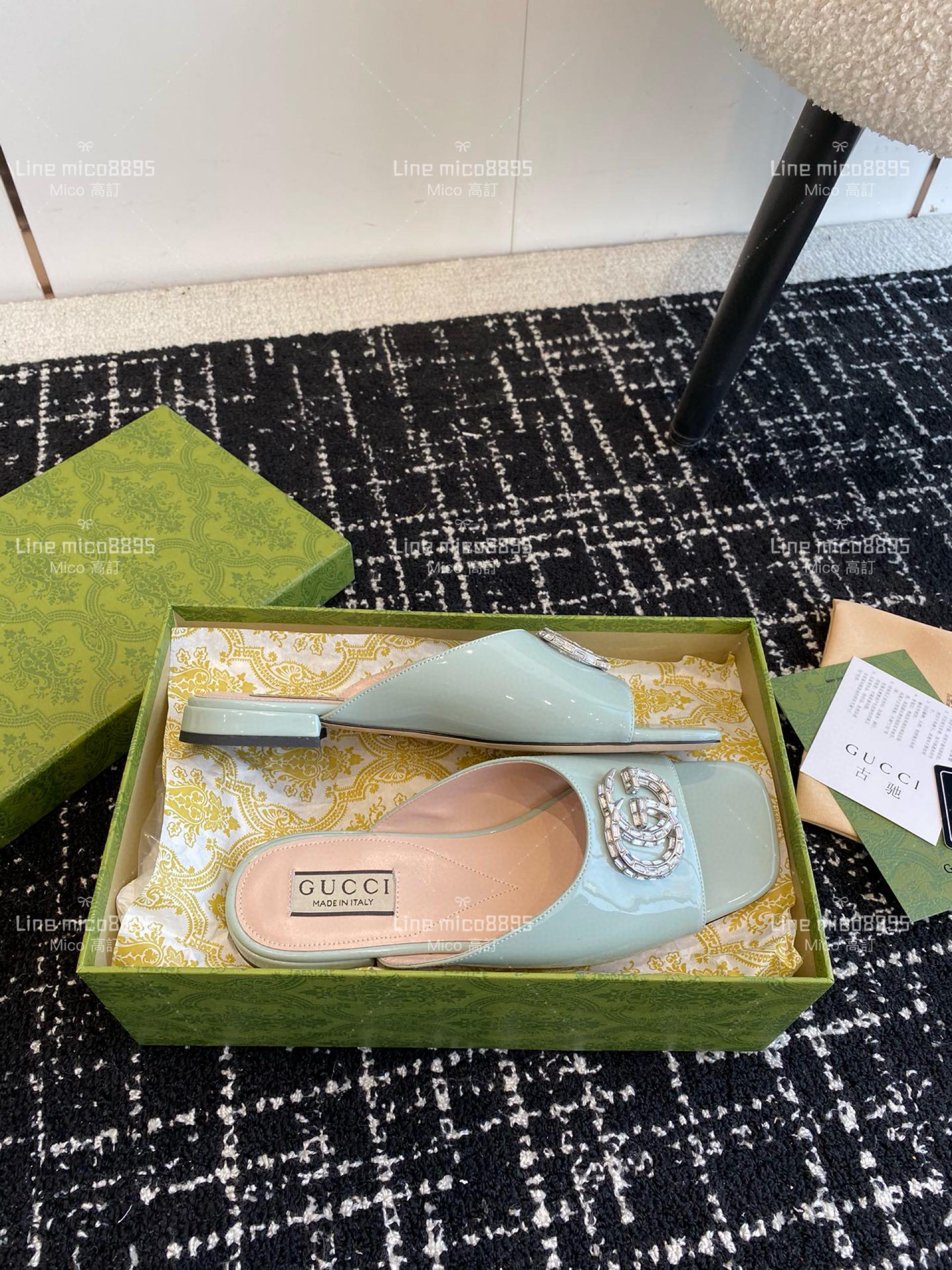 Gucci 24春夏GG水鑽涼拖鞋  湖水藍 方頭粗跟果凍色露跟拖鞋 35-40