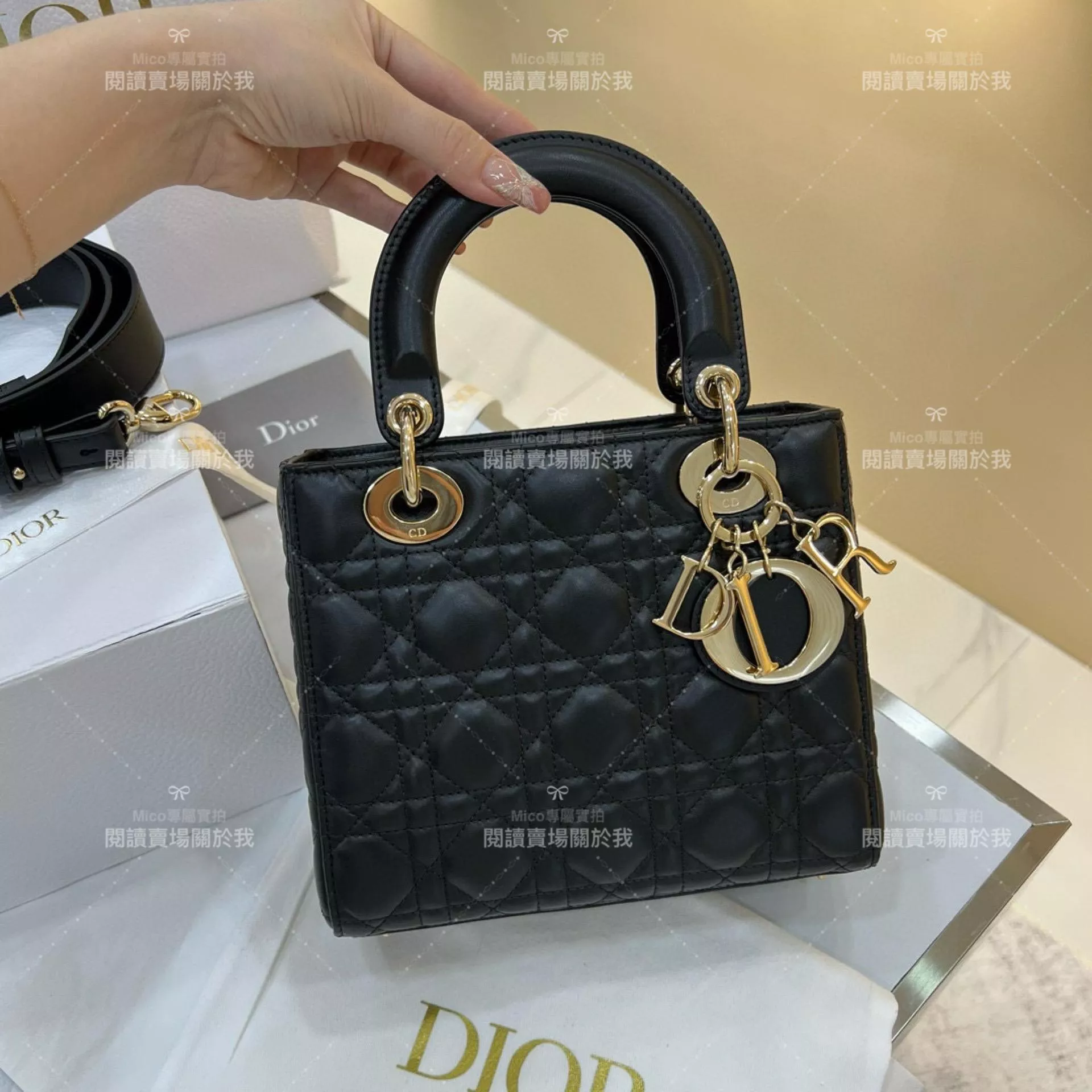 DIOR 經典Lady dior My ABCDior 手袋 黑色/羊皮/金釦 格紋兩用黛妃包 20cm