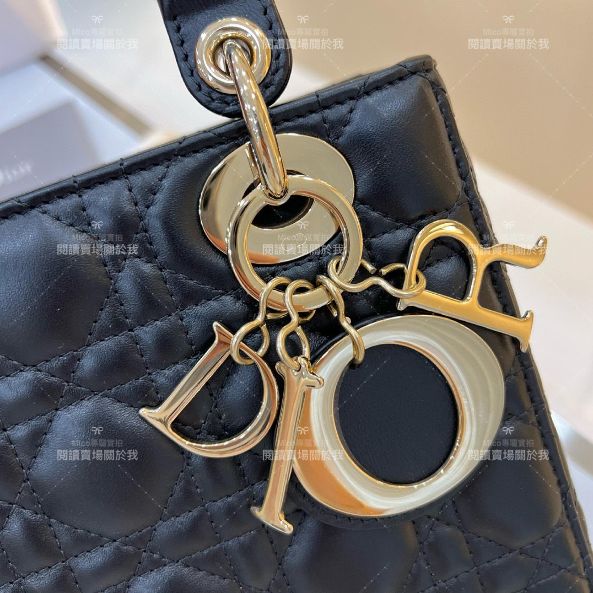 DIOR 經典Lady dior My ABCDior 手袋 黑色/羊皮/金釦 格紋兩用黛妃包 20cm