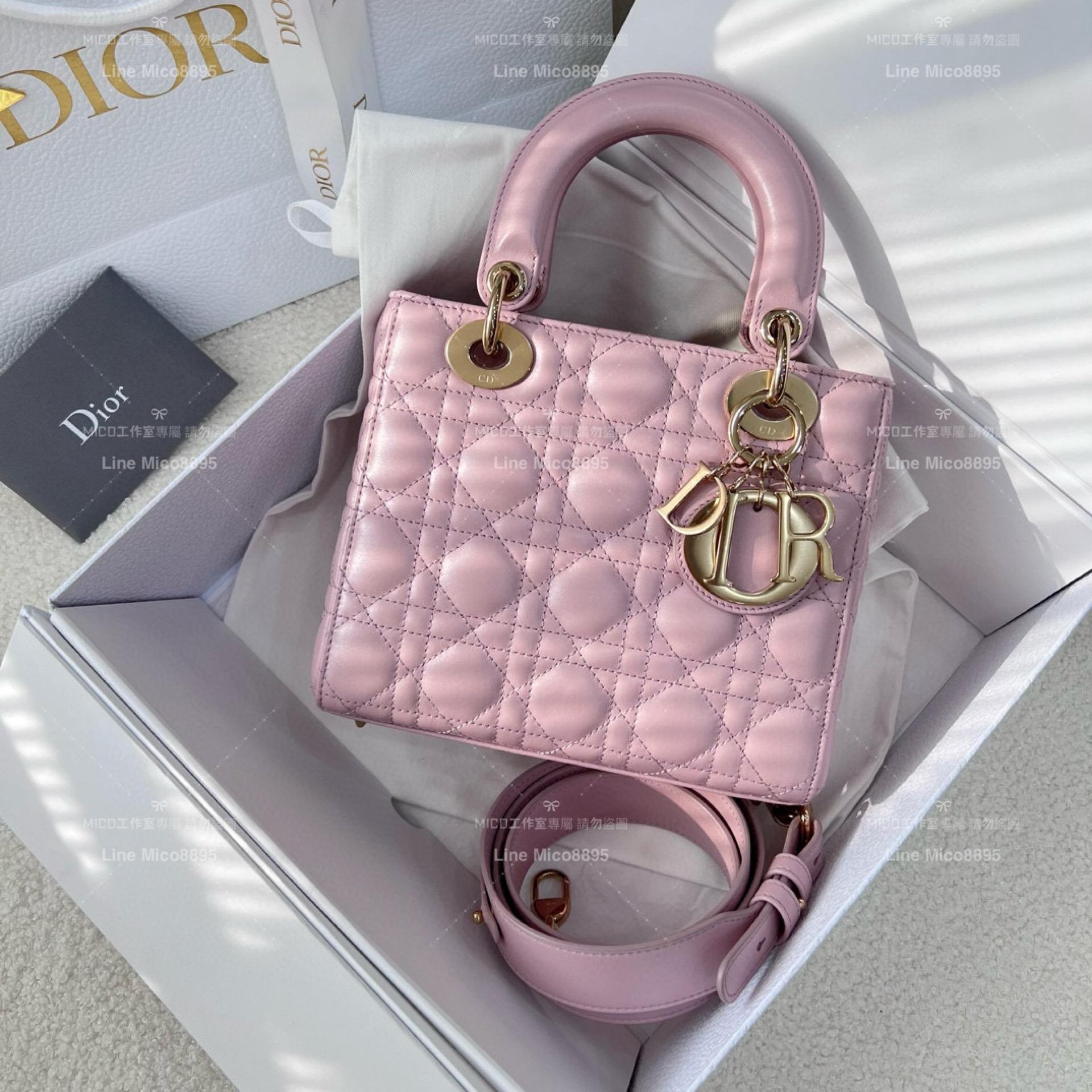 DIOR 經典Lady dior My ABCDior 手袋 珠光粉/羊皮/金釦 格紋兩用黛妃包 20cm