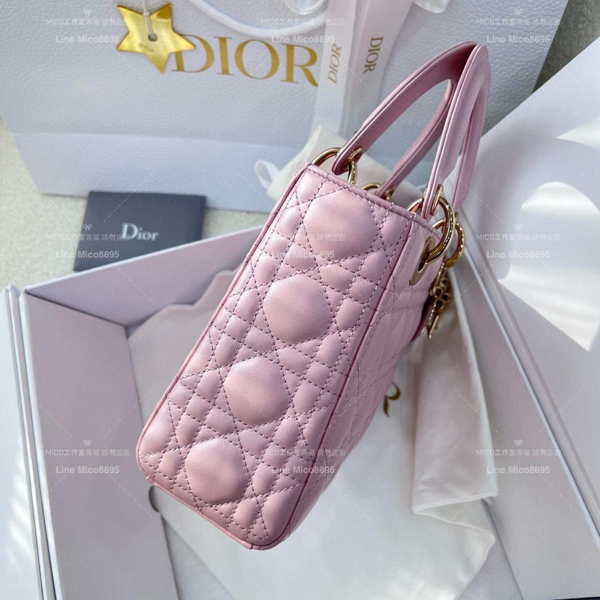 DIOR 經典Lady dior My ABCDior 手袋 珠光粉/羊皮/金釦 格紋兩用黛妃包 20cm