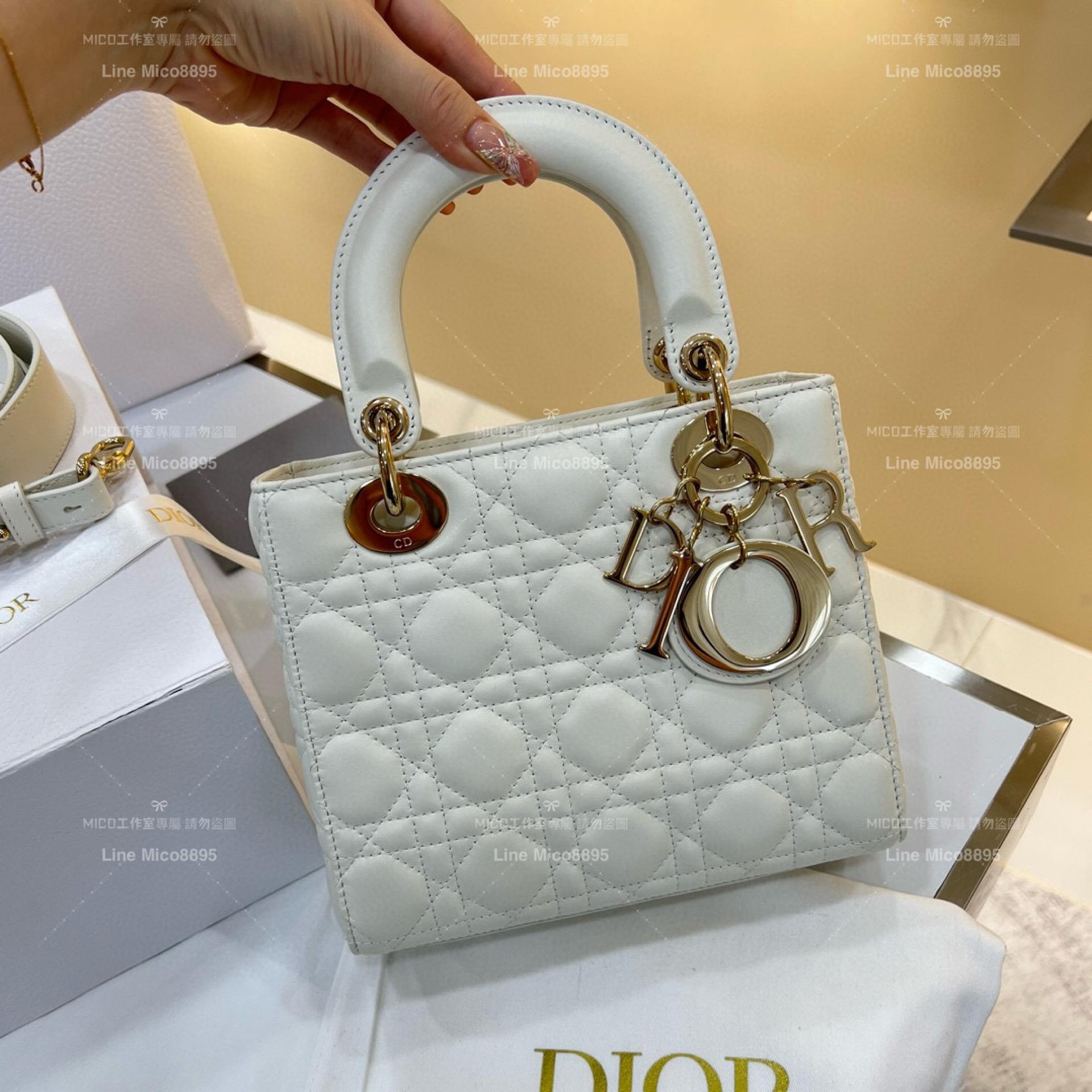 DIOR 經典Lady dior My ABCDior 手袋 奶白/羊皮/金釦 格紋兩用黛妃包 20cm