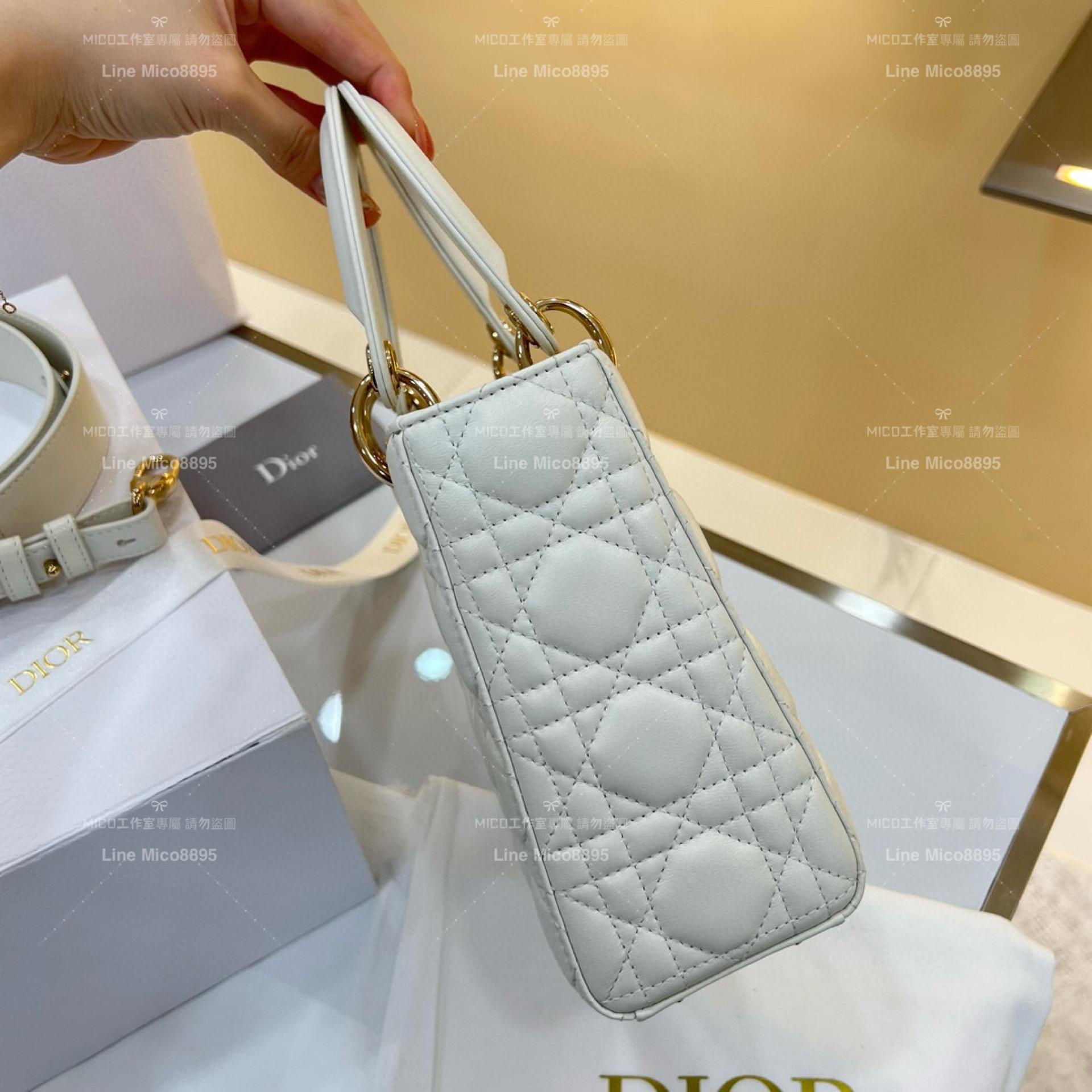 DIOR 經典Lady dior My ABCDior 手袋 奶白/羊皮/金釦 格紋兩用黛妃包 20cm