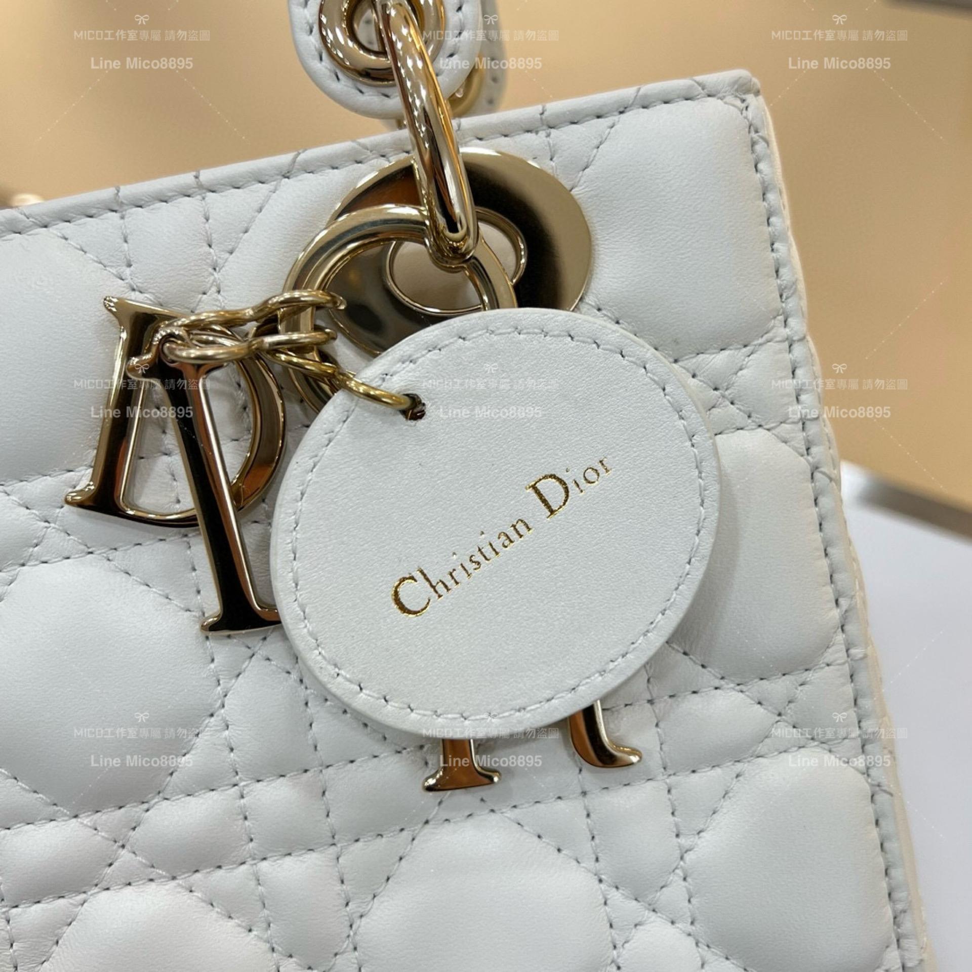 DIOR 經典Lady dior My ABCDior 手袋 奶白/羊皮/金釦 格紋兩用黛妃包 20cm