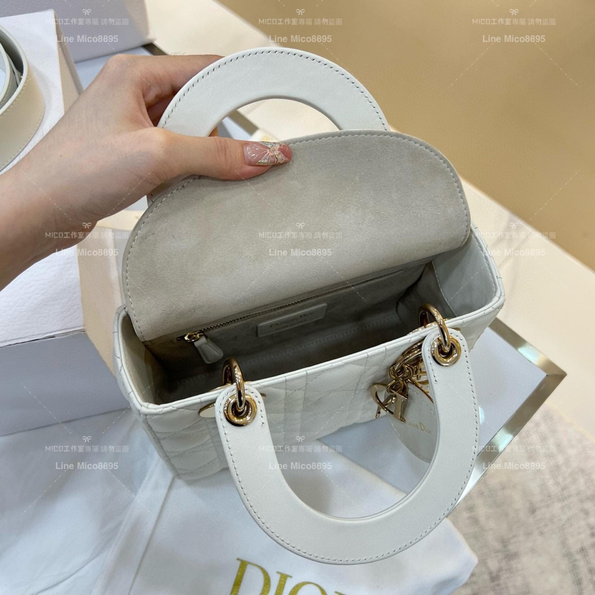 DIOR 經典Lady dior My ABCDior 手袋 奶白/羊皮/金釦 格紋兩用黛妃包 20cm