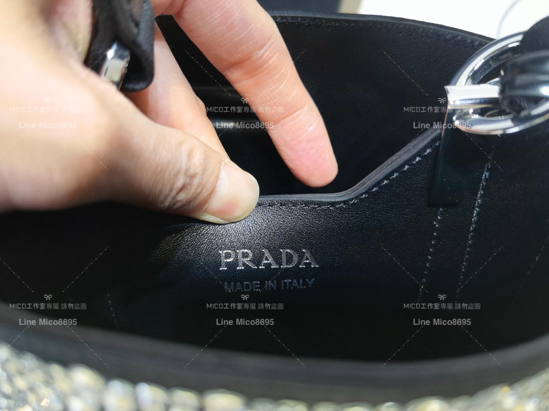 Prada 黑色 水晶裝飾緞面水桶包Panier手袋 肩背手提斜跨包 15cm 宴會必備