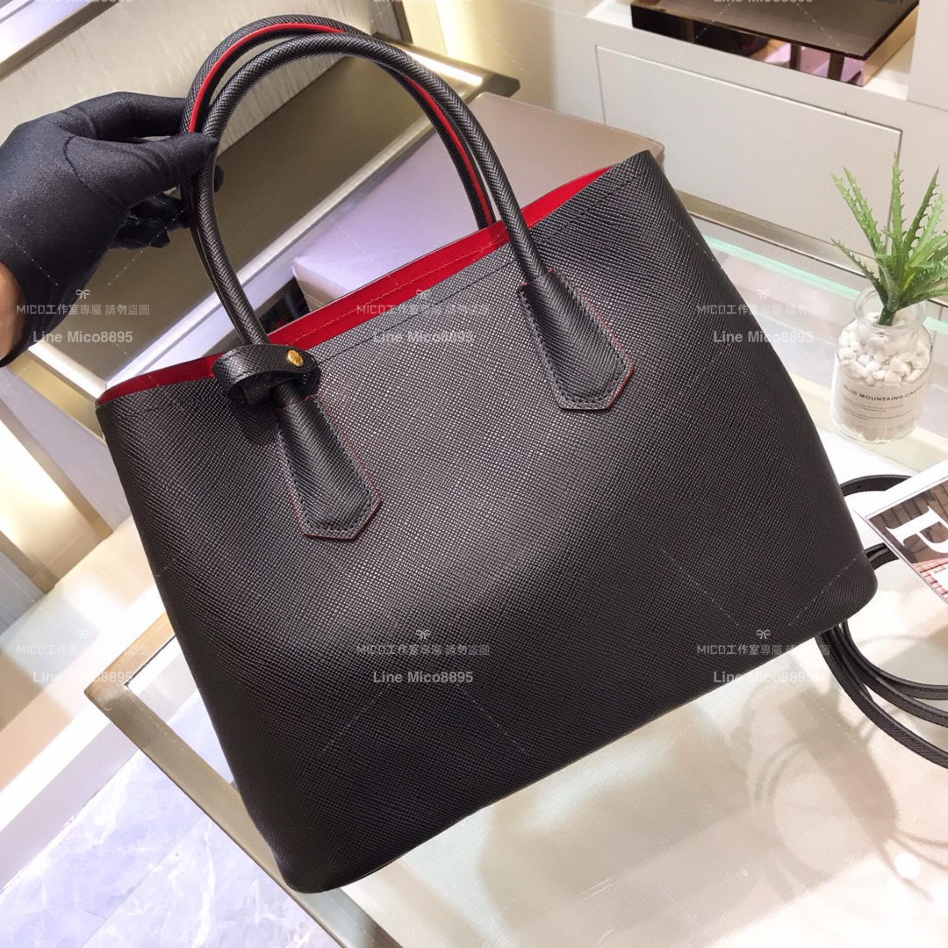 Prada Saffiano皮革雙層手提包 黑色/大號 33cm