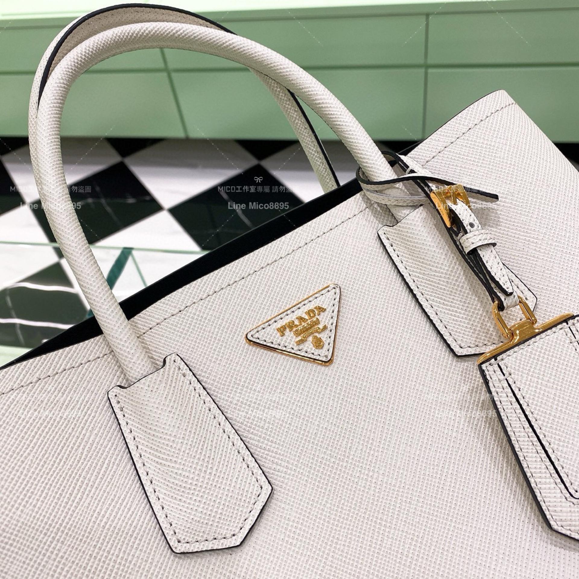 Prada Saffiano皮革雙層手提包 白色/大號 33cm