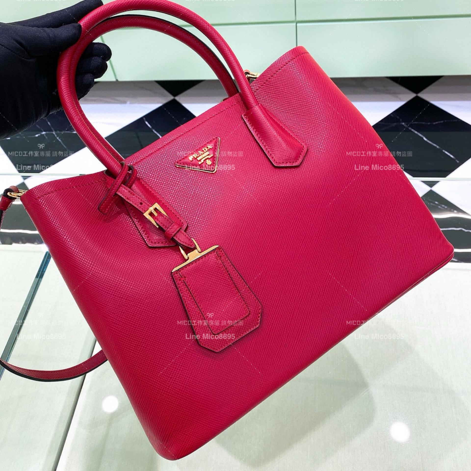 Prada Saffiano皮革雙層手提包 紅色/大號 33cm