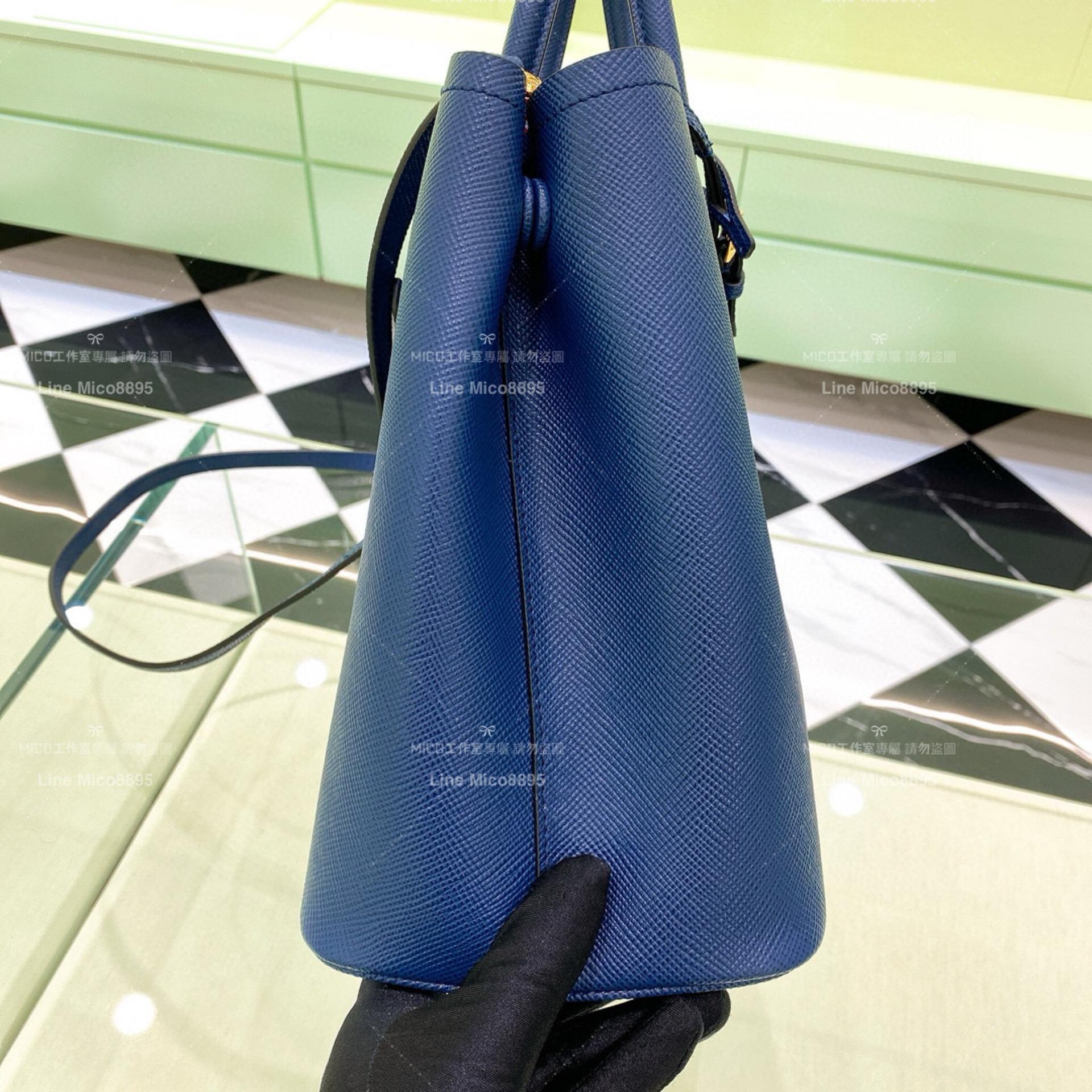 Prada Saffiano皮革雙層手提包 寶藍色/大號 33cm