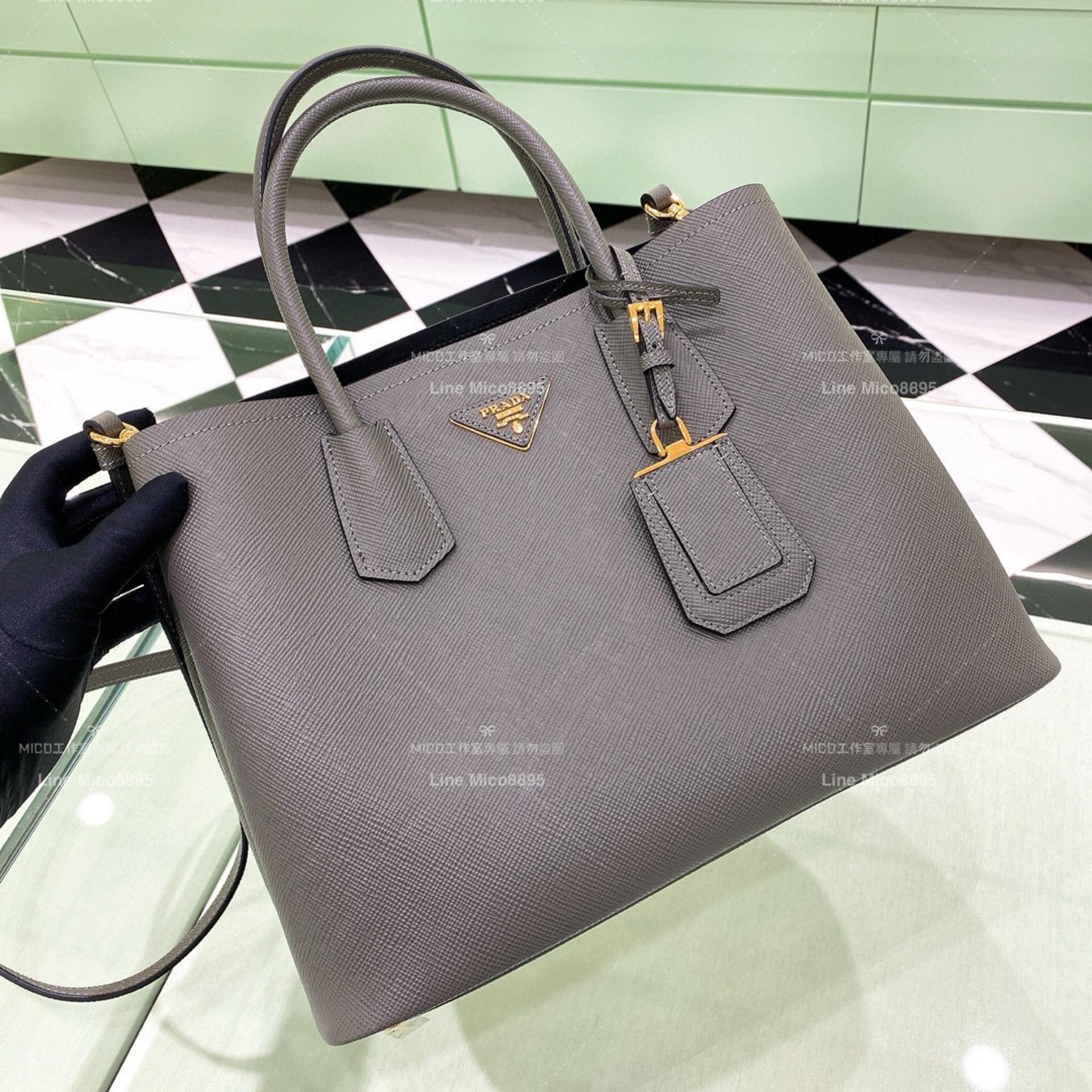 Prada Saffiano皮革雙層手提包 深灰色/大號 33cm