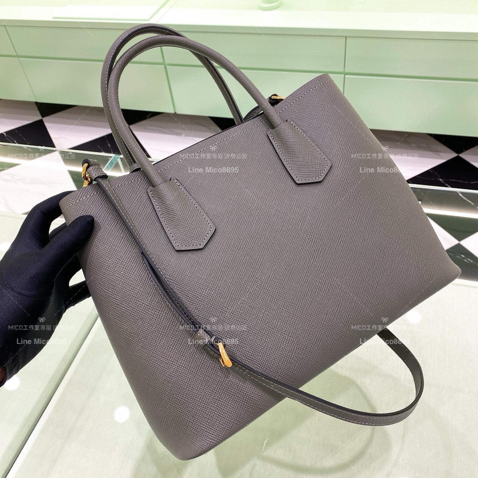 Prada Saffiano皮革雙層手提包 深灰色/大號 33cm