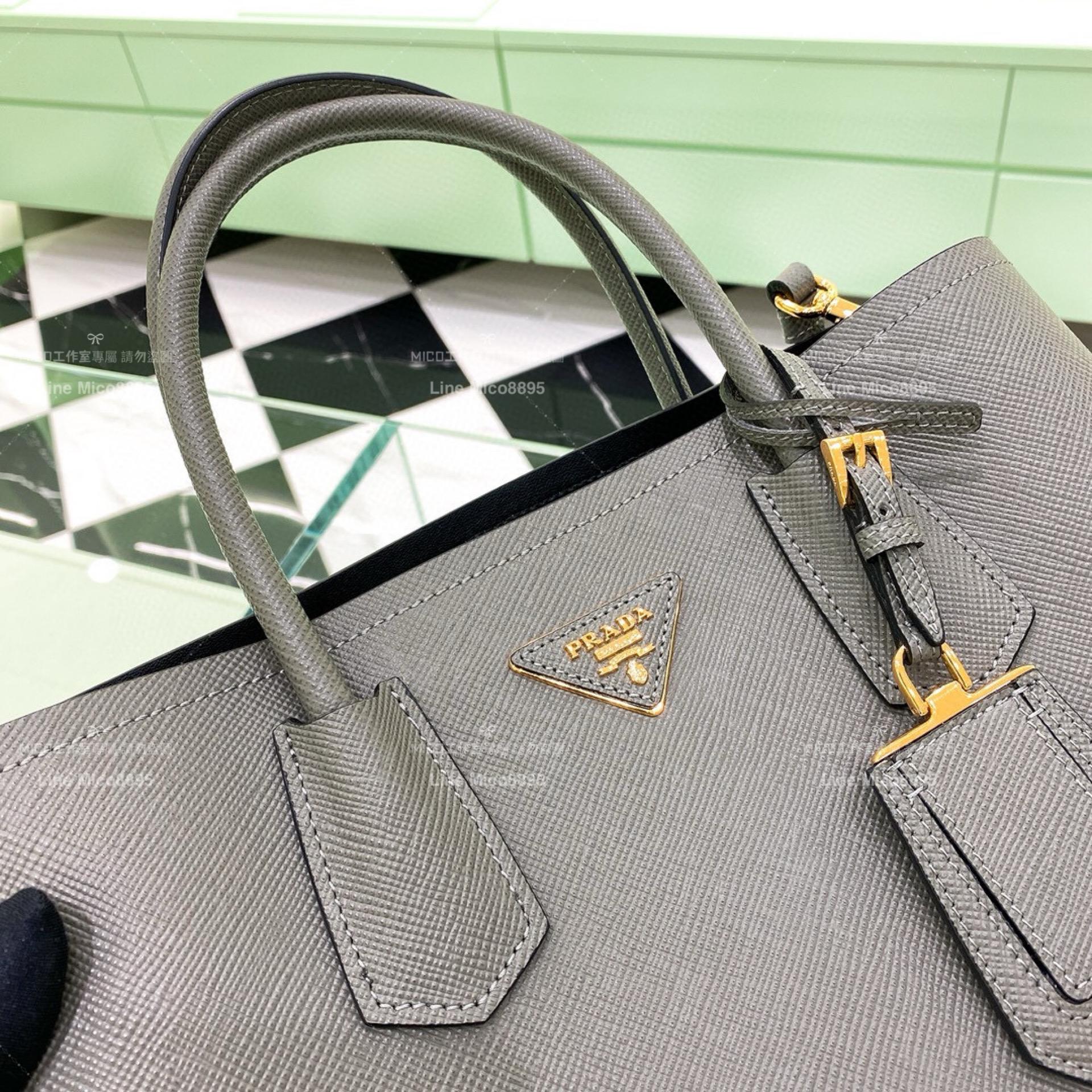 Prada Saffiano皮革雙層手提包 深灰色/大號 33cm