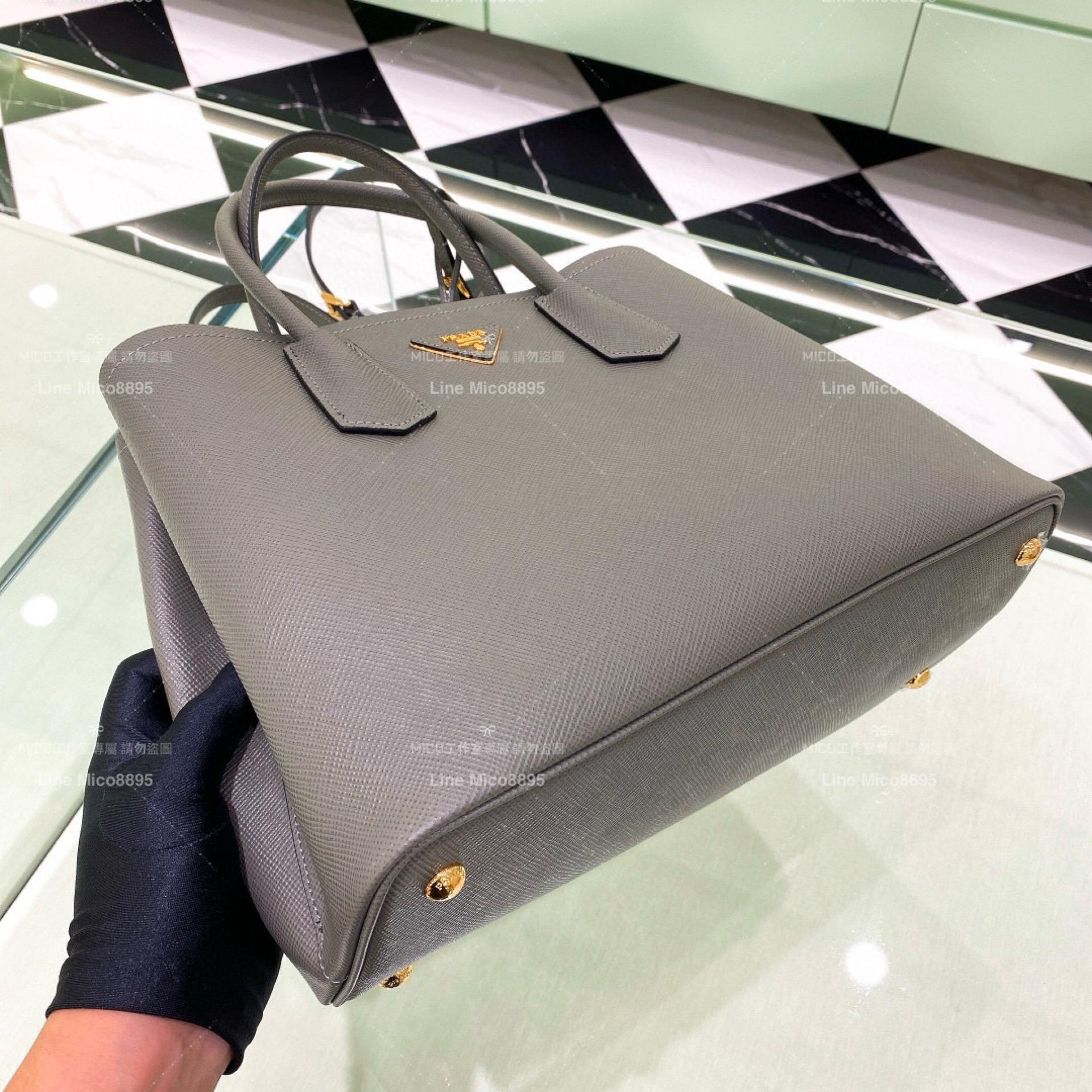 Prada Saffiano皮革雙層手提包 深灰色/大號 33cm