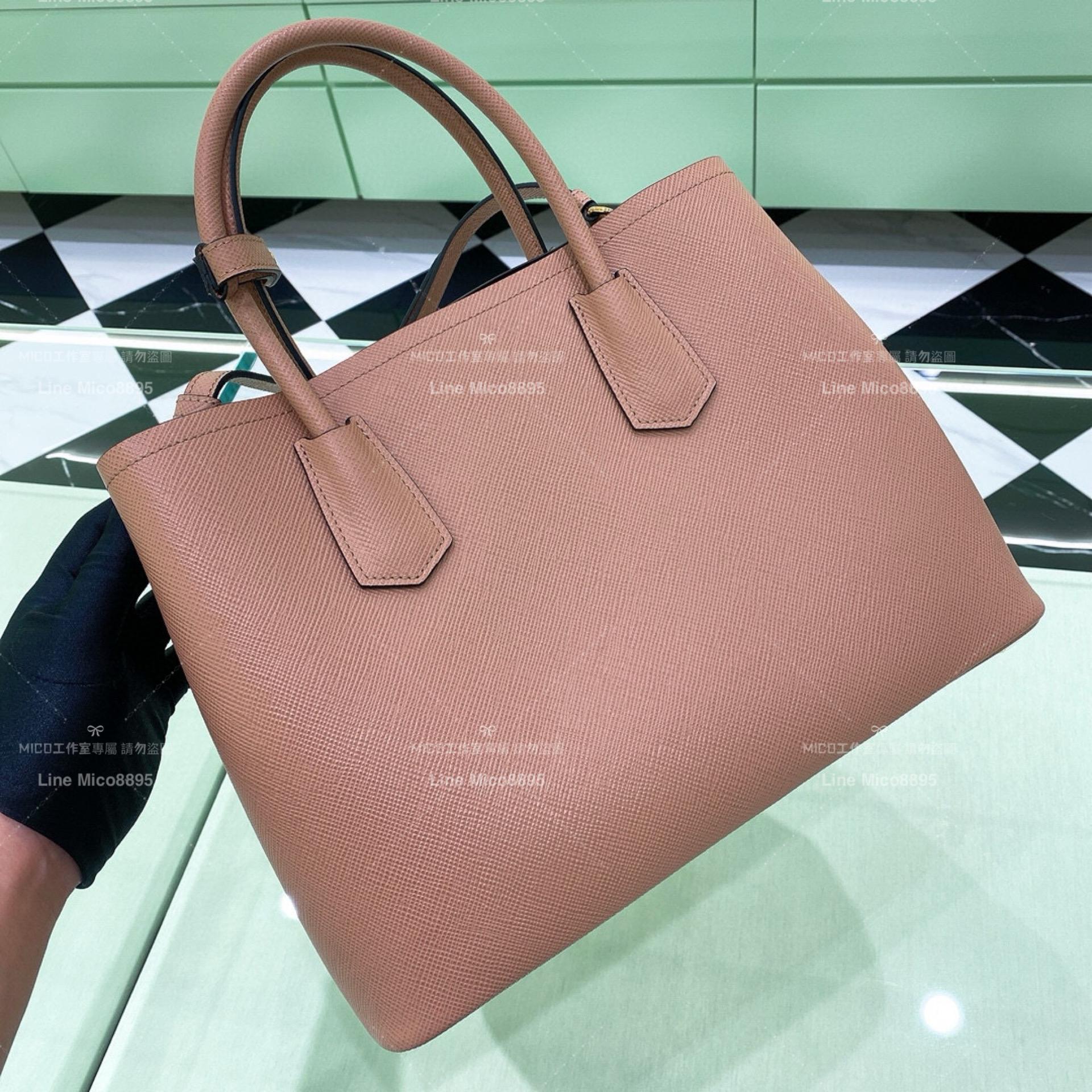 Prada Saffiano皮革雙層手提包 杏色/大號 33cm