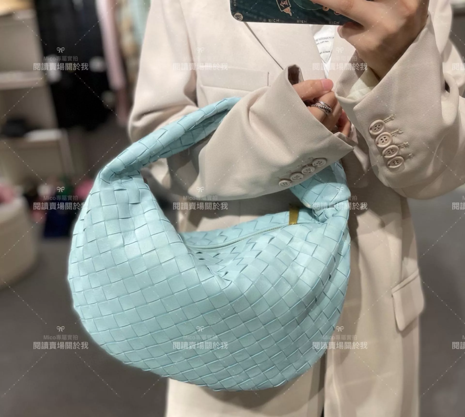 BV BOTTEGA VENETA 湖水藍 Teen Jodie Bag 中號/36cm 小羊皮編織包/打結包/手提包