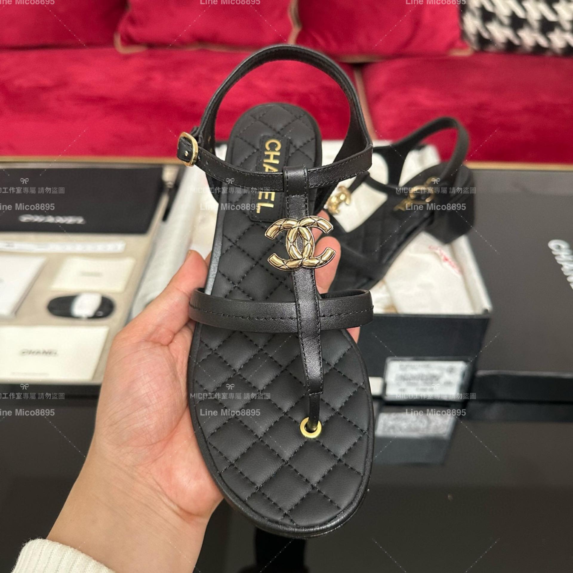 Chanel 香奈兒 春夏雙C金釦夾腳涼鞋 黑色 35-40