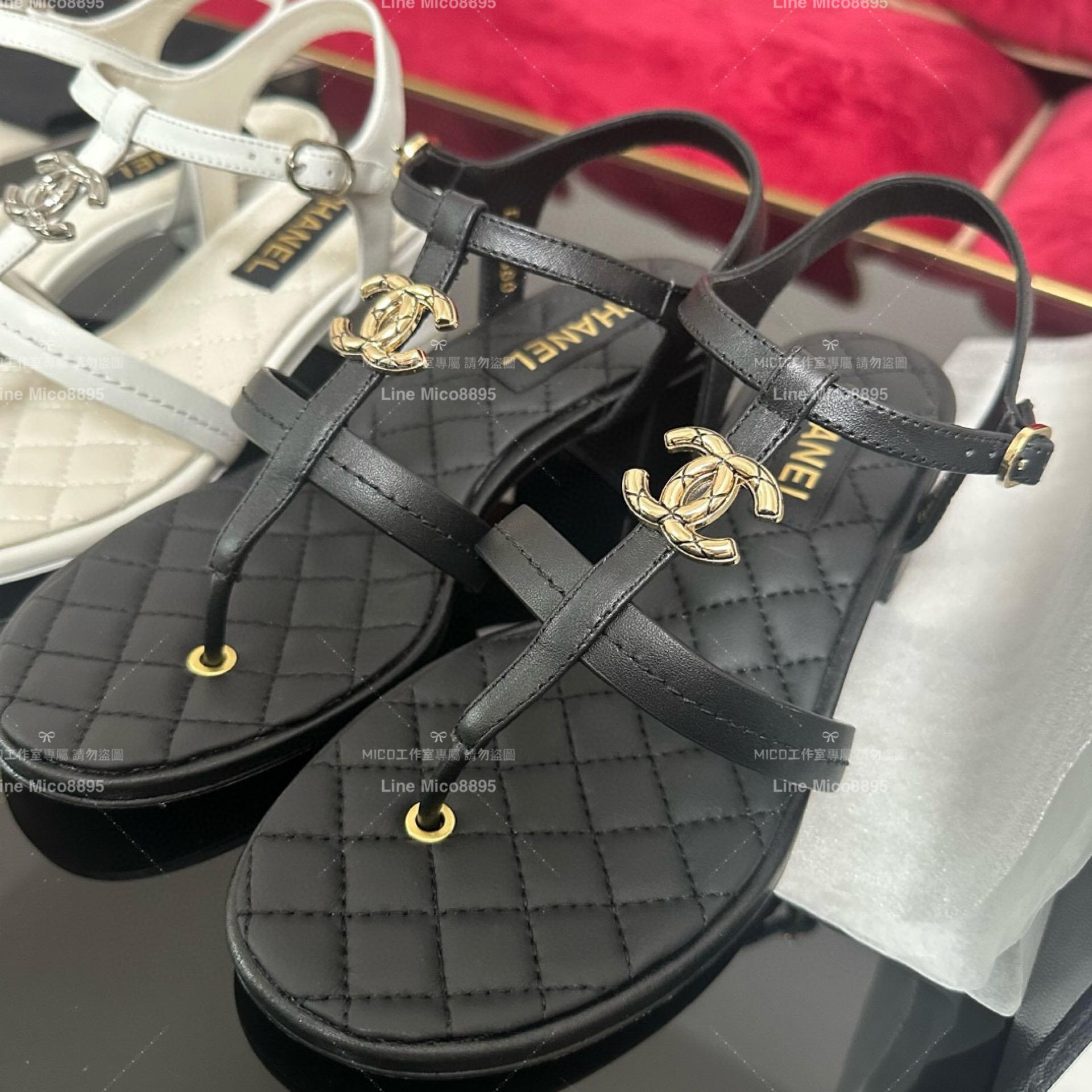 Chanel 香奈兒 春夏雙C金釦夾腳涼鞋 黑色 35-40