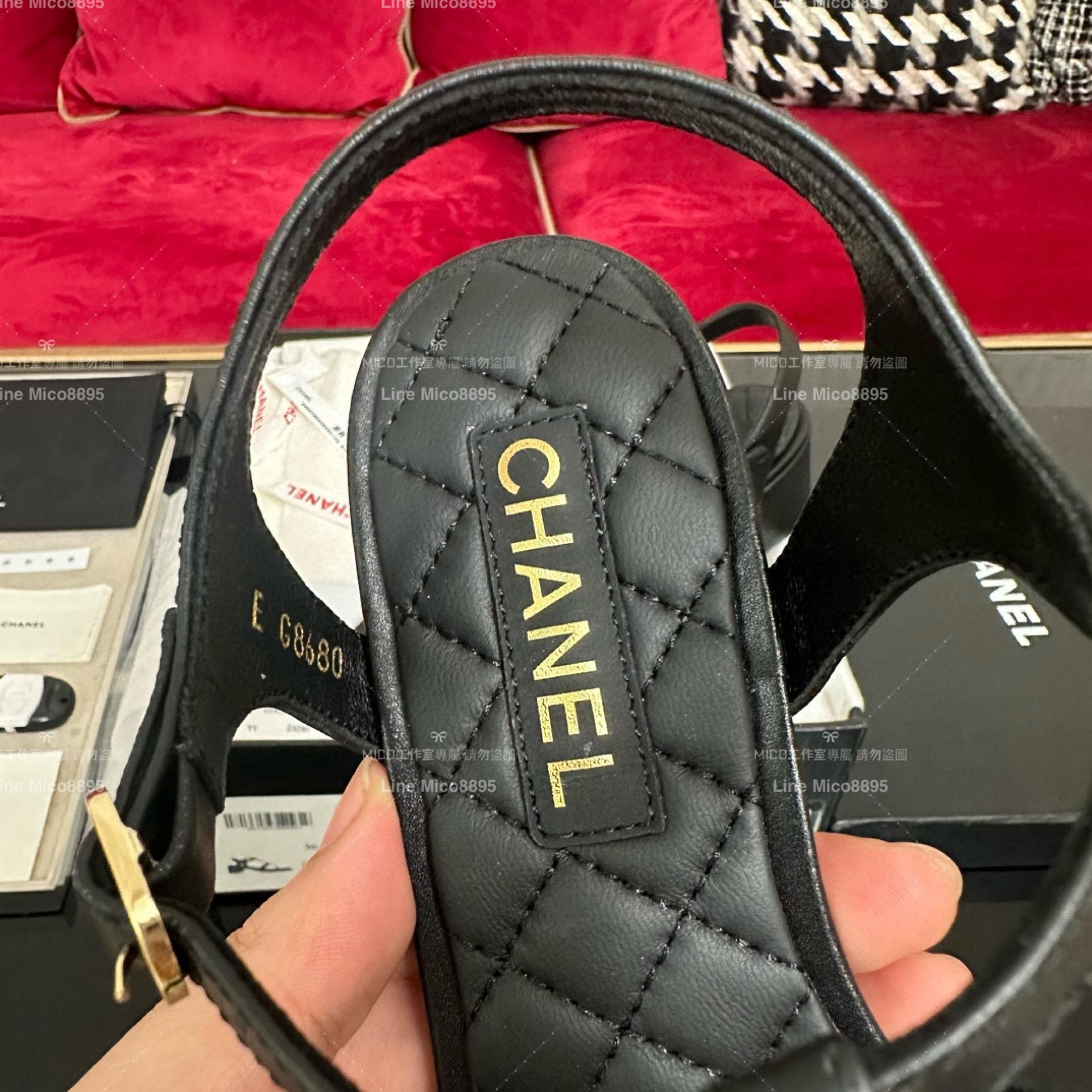 Chanel 香奈兒 春夏雙C金釦夾腳涼鞋 黑色 35-40