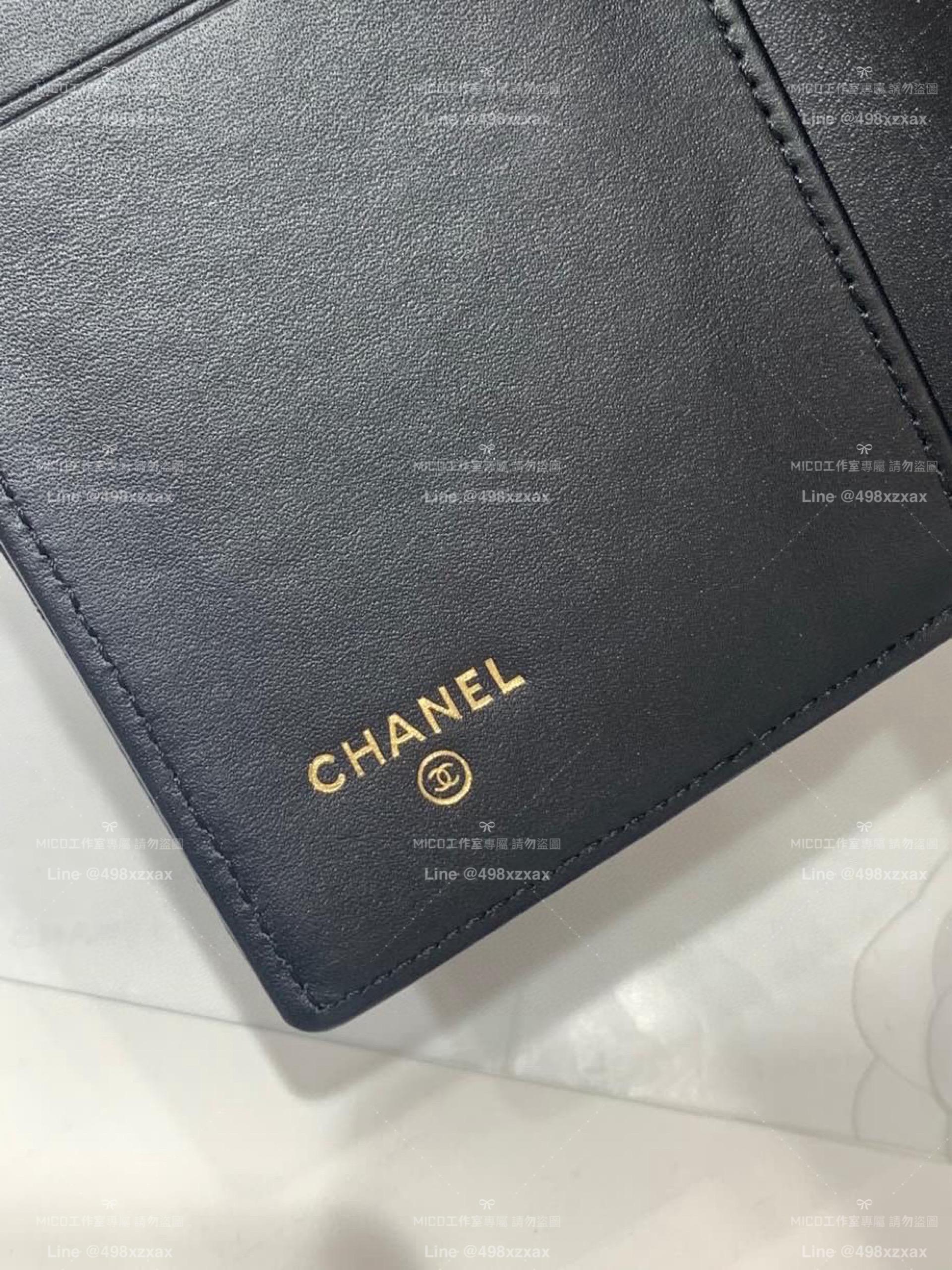 Chanel 經典菱格紋 黑色小羊皮/做舊五金 金釦 三折短夾 錢包