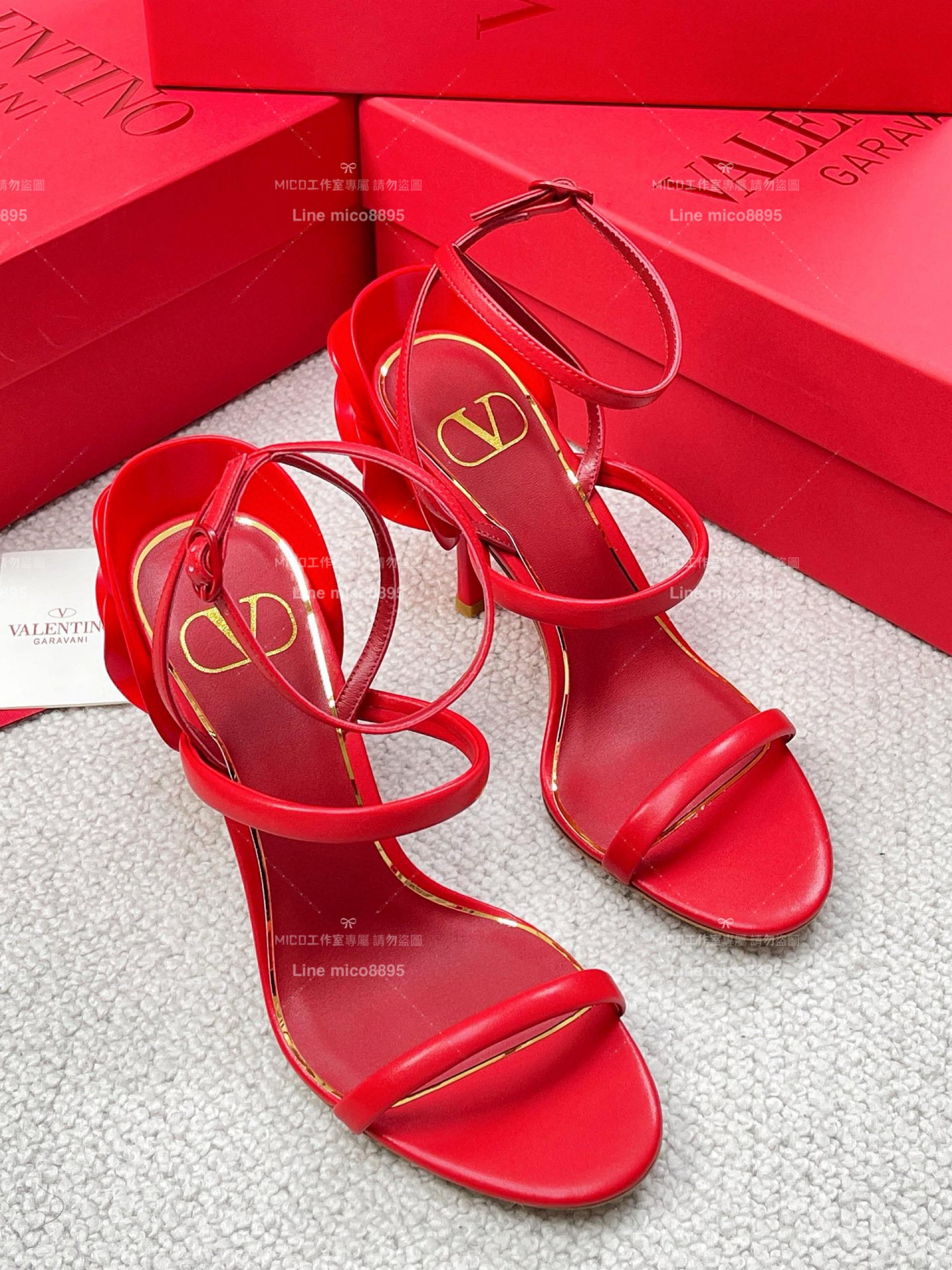 Valentino 24S新品 紅色 一字帶玫瑰細高跟涼鞋 跟高：10.5CM/35-39