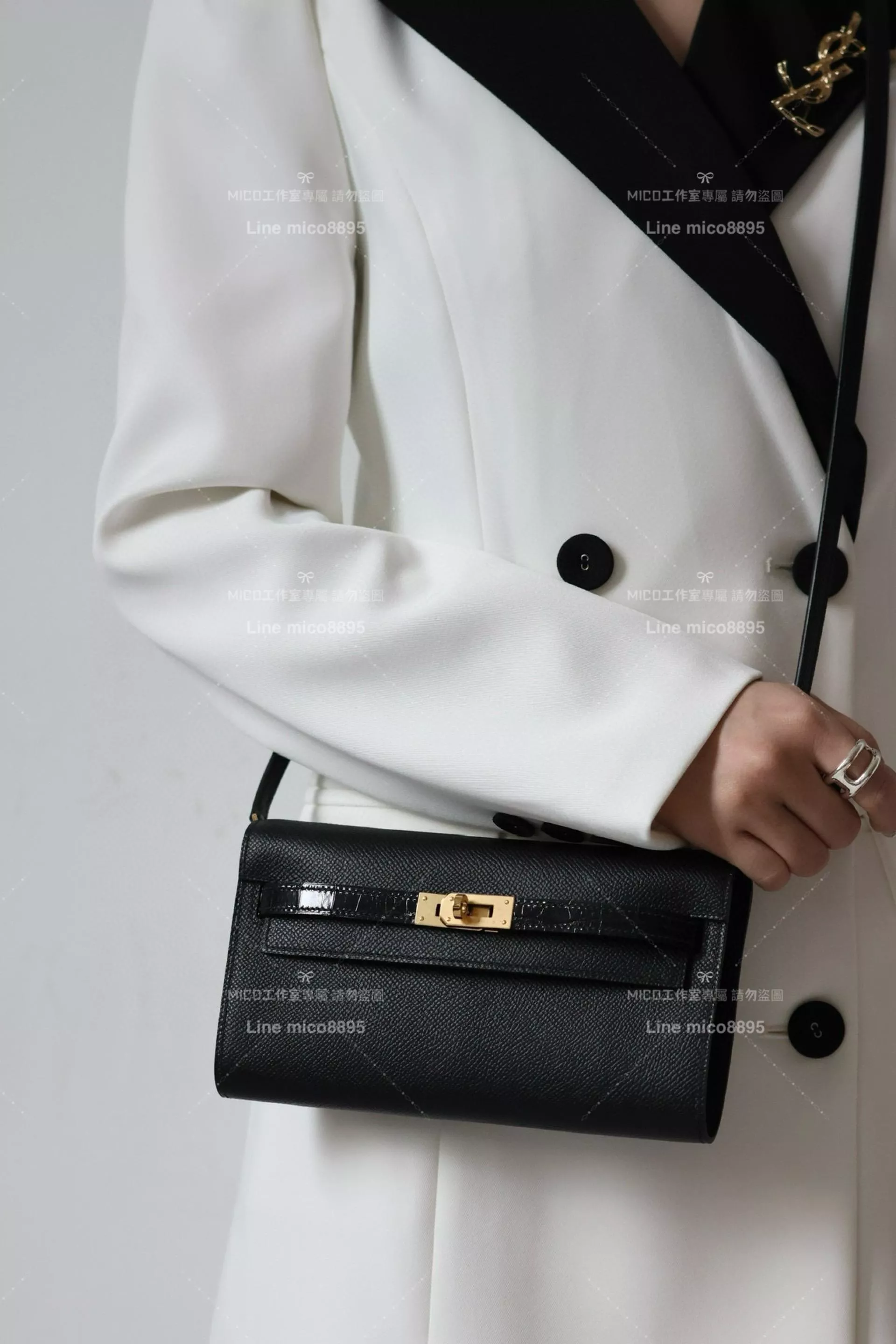 HERMES Kelly to go 亮面美洲鱷抽帶/CK89黑色/金 Epsom皮革 Kelly 長夾/斜背兩用包 WOC