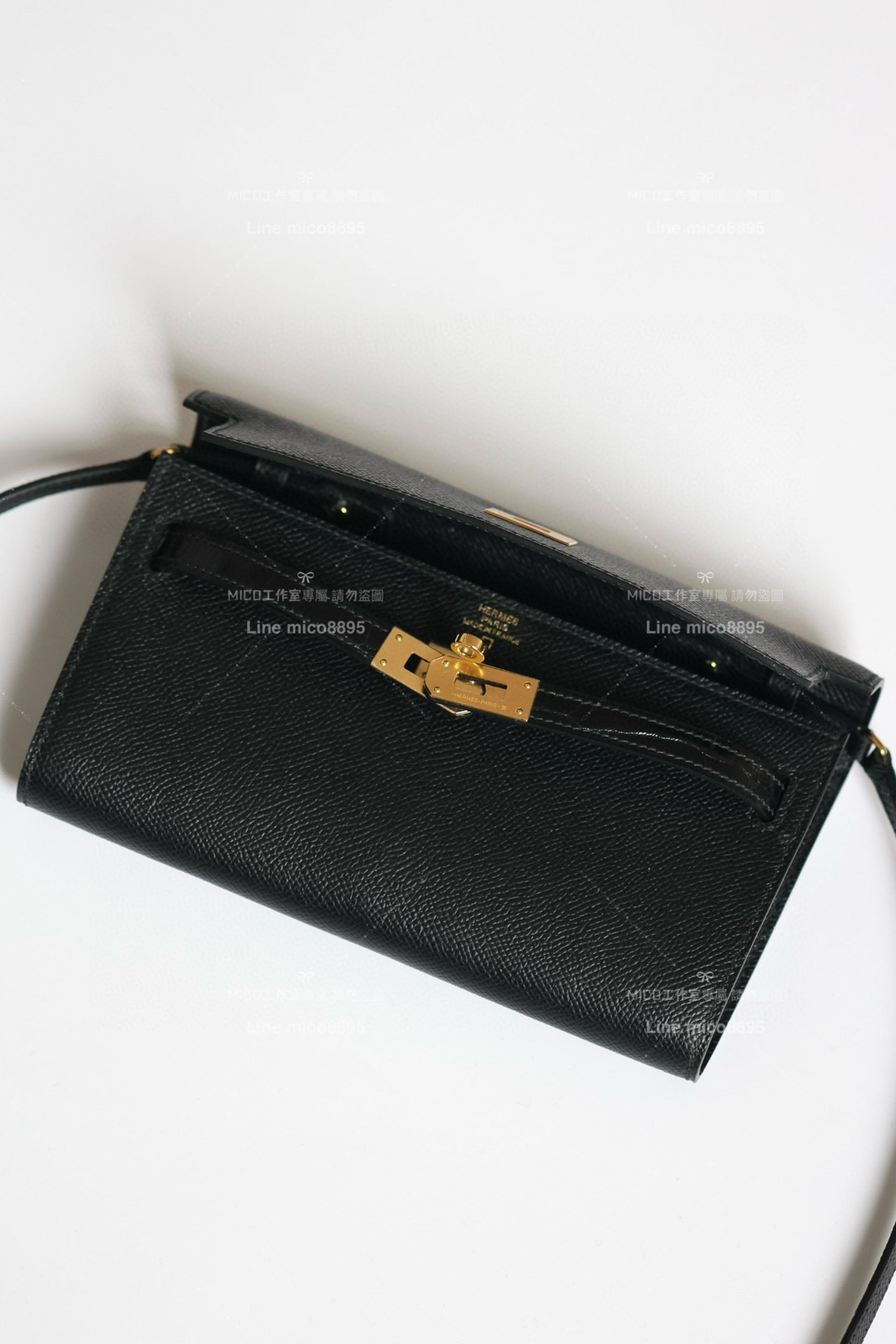 HERMES Kelly to go 亮面美洲鱷抽帶/CK89黑色/金 Epsom皮革 Kelly 長夾/斜背兩用包 WOC