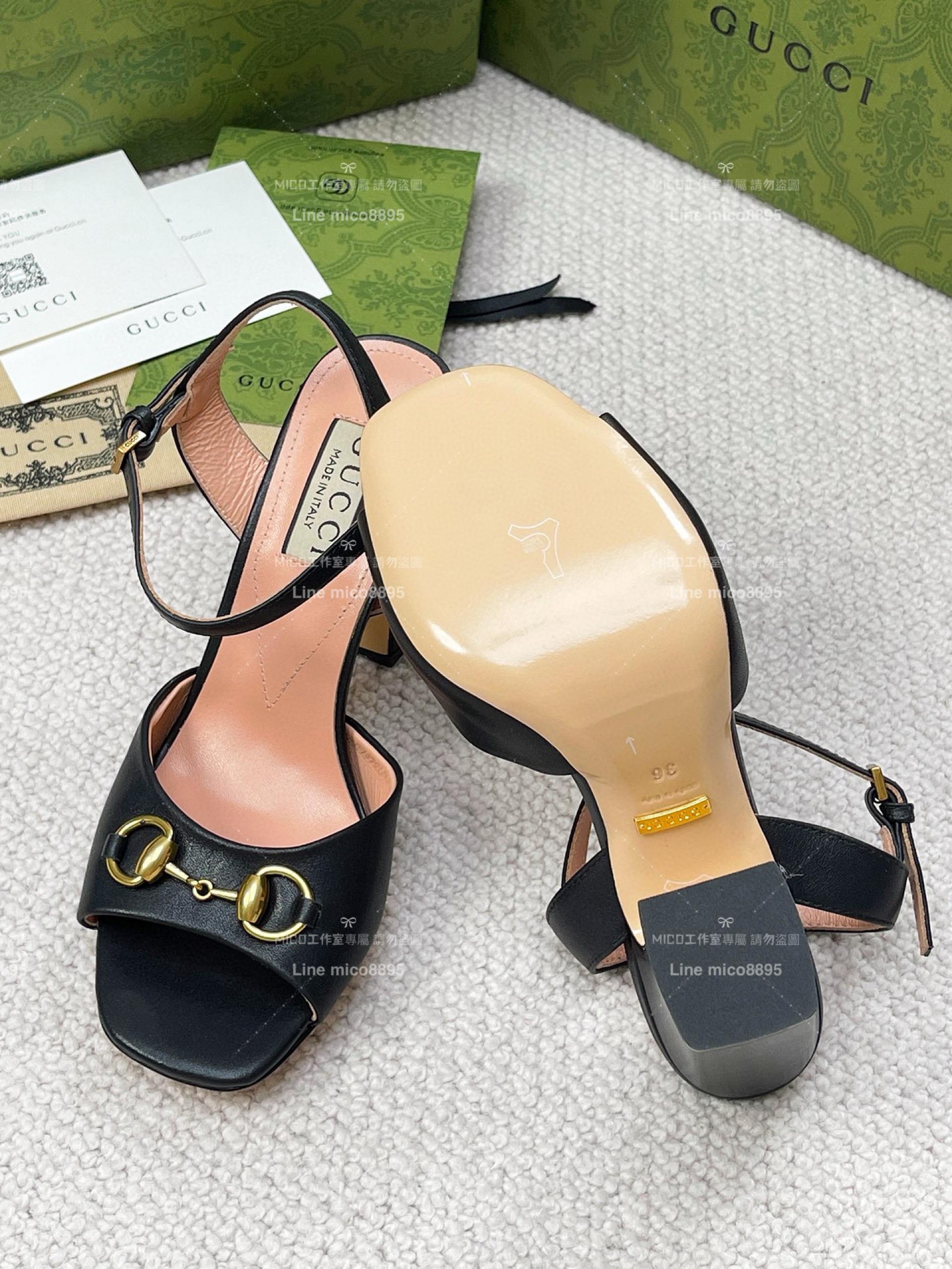 GUCCI 黑色 馬銜釦魚口高跟涼鞋 9.5cm 35-39