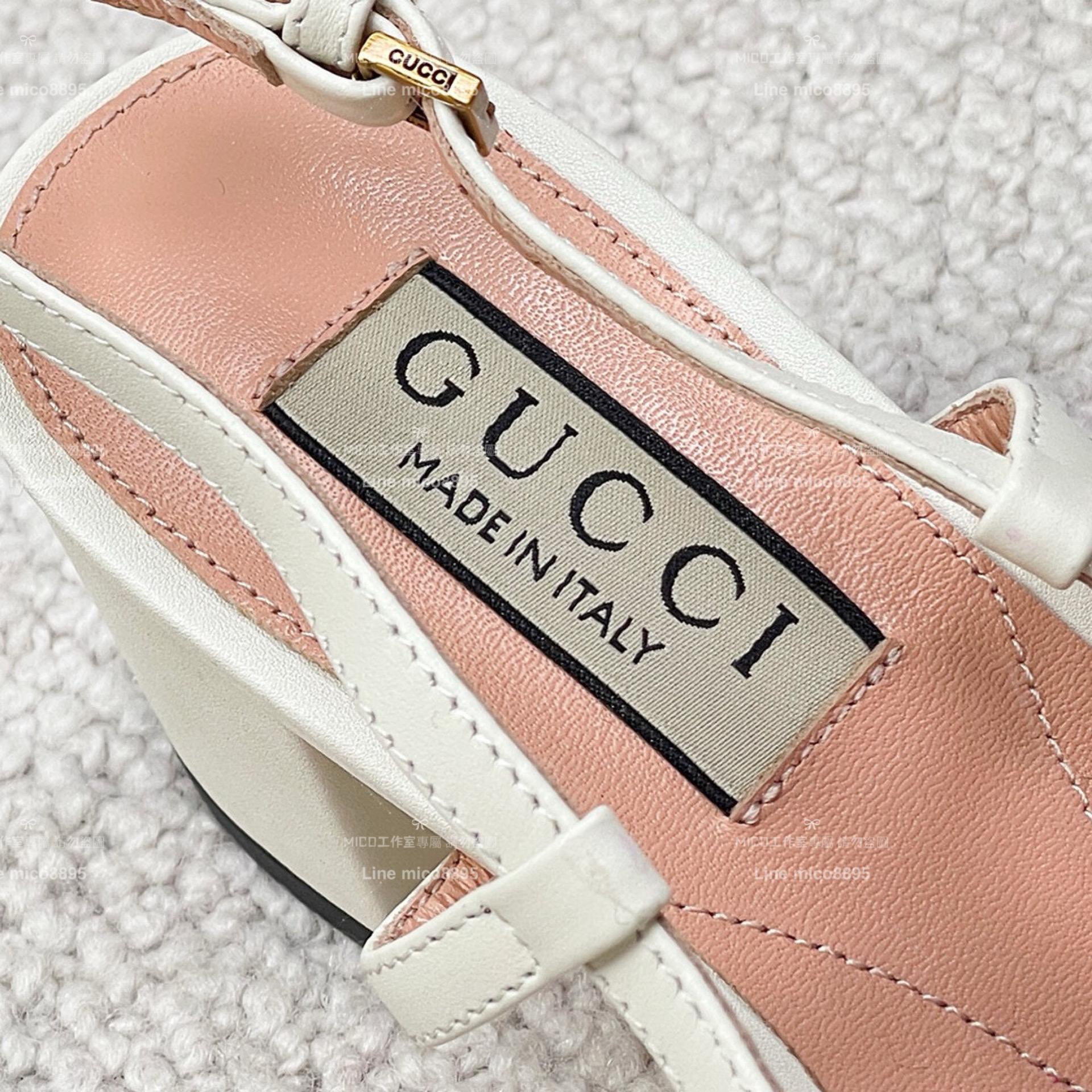 GUCCI  馬銜釦 白色復古微方頭中跟後空繫帶涼鞋 5.5cm粗跟 35-39