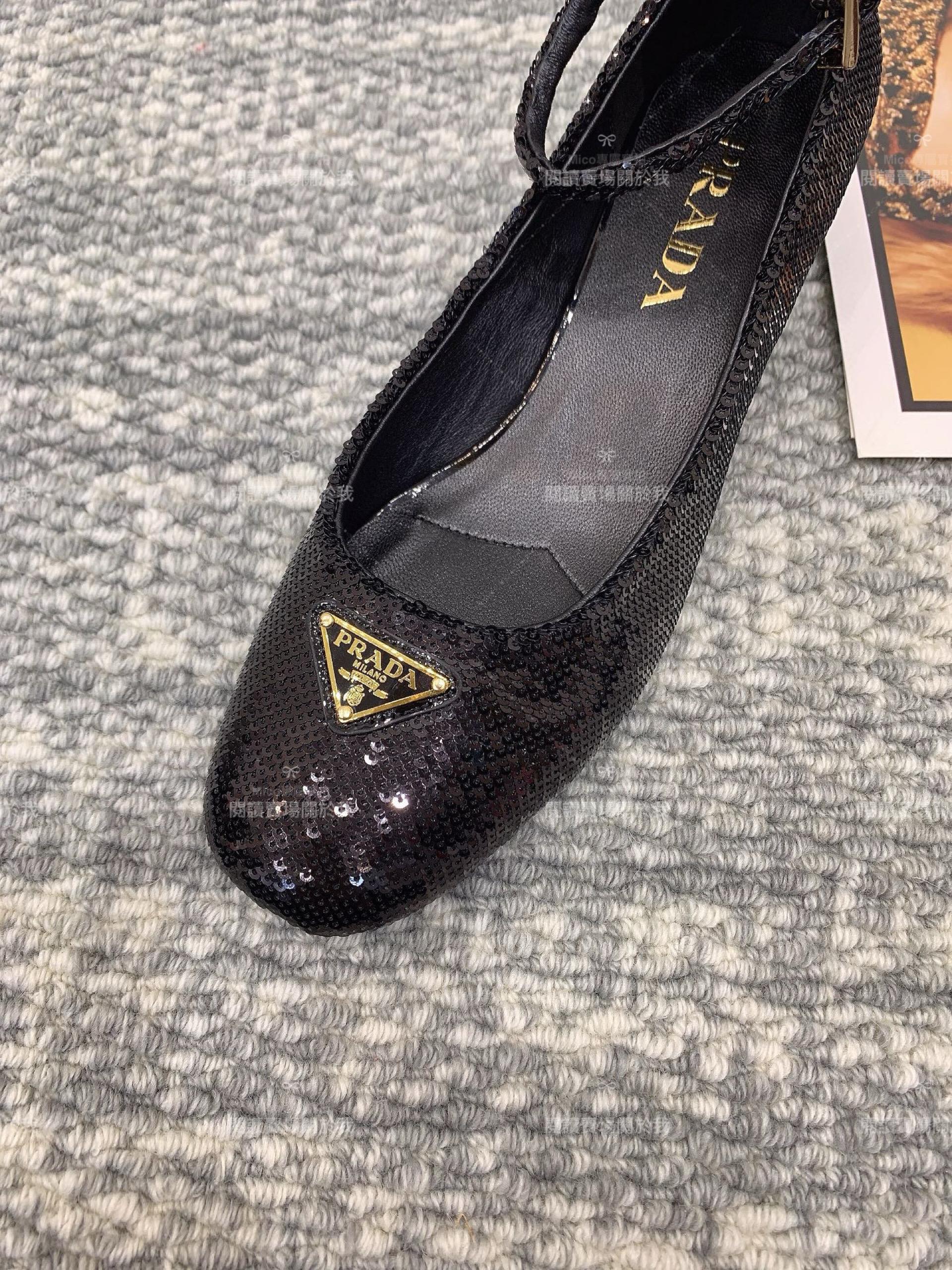 PRADA 早春款 黑色珠片款 繫帶粗跟瑪麗珍高跟鞋 4cm 35-40