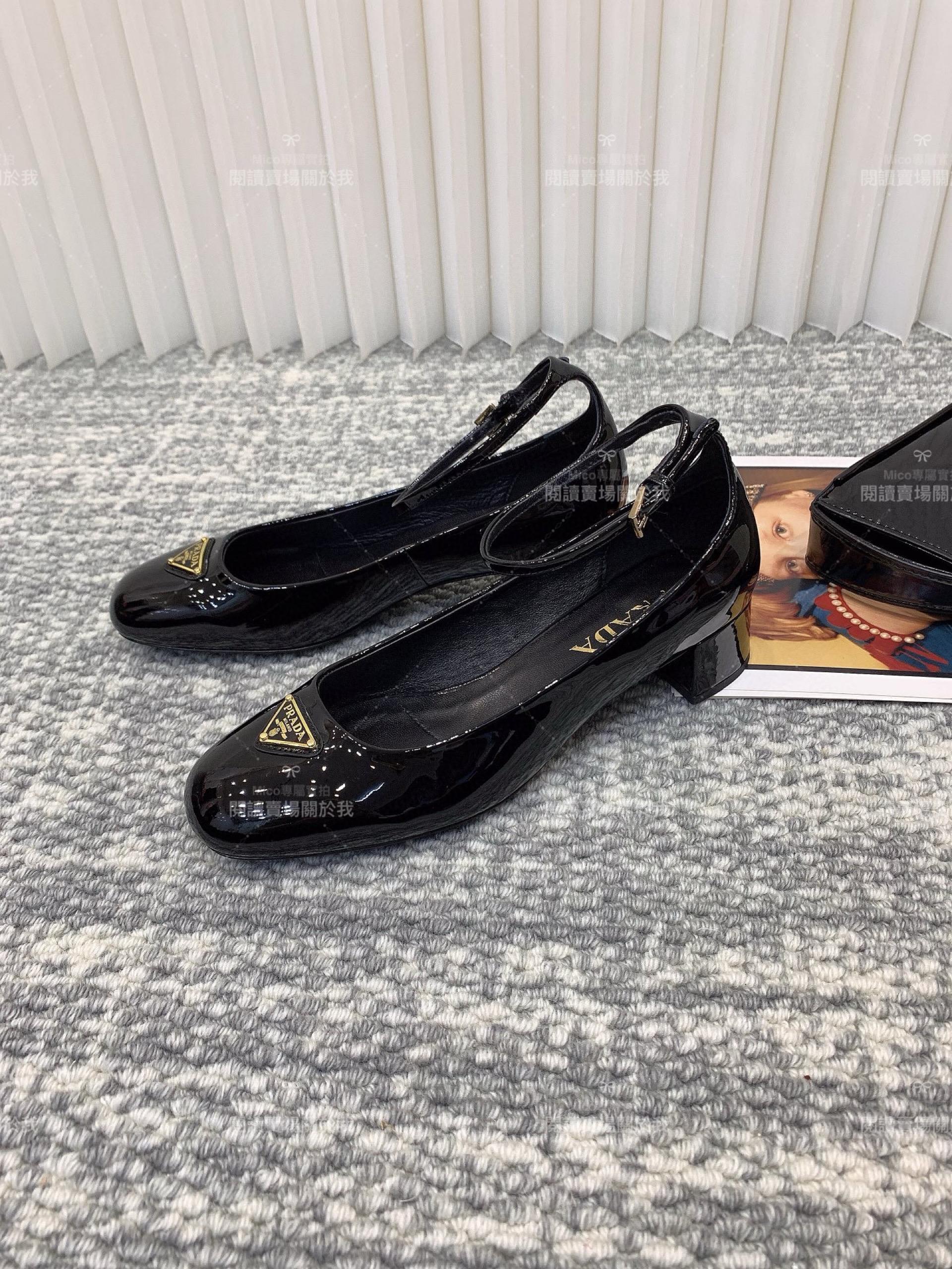 PRADA 早春款 黑色漆皮 繫帶粗跟瑪麗珍高跟鞋 4cm 35-40