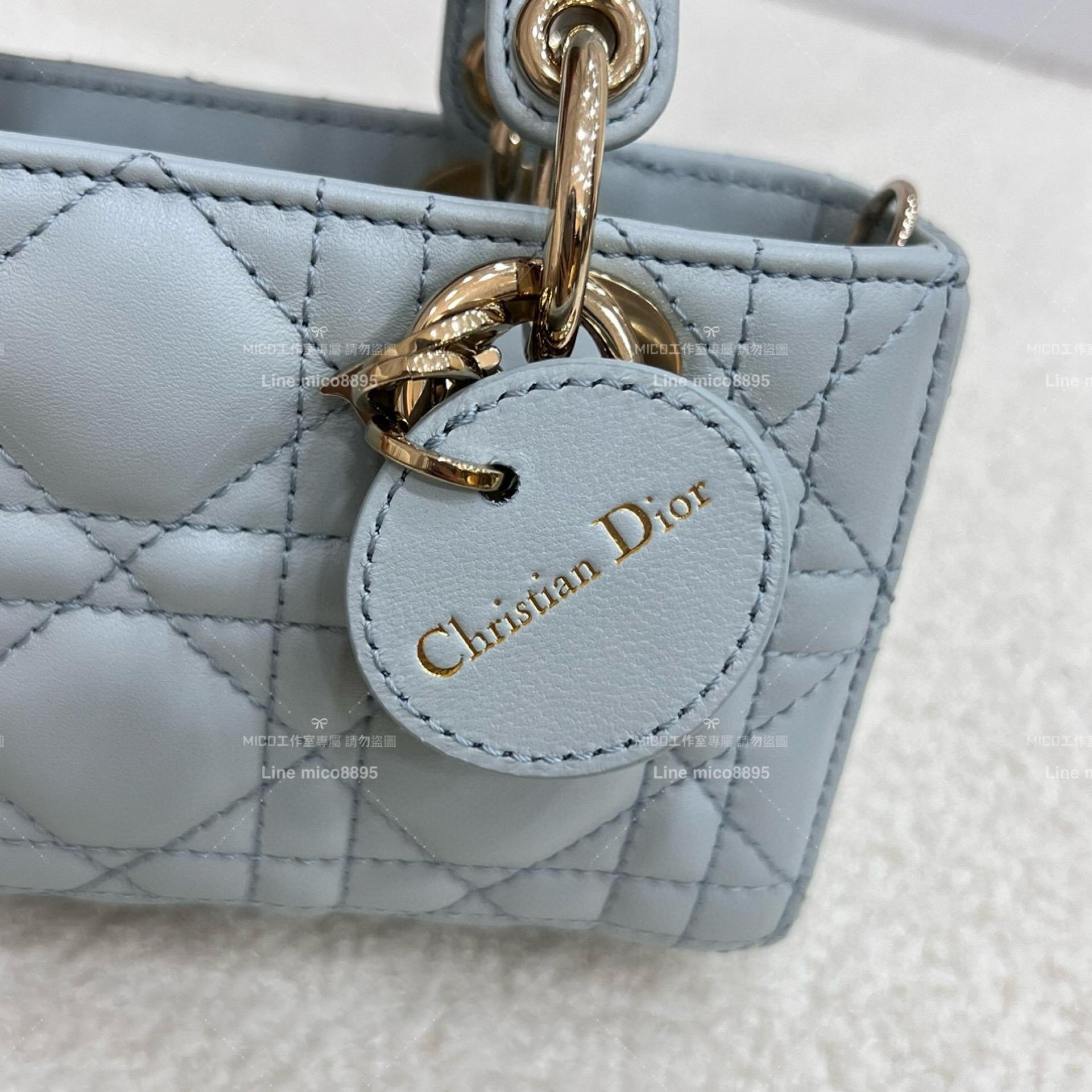 Dior 湖水藍/羊皮 全鋼五金橫版黛妃包 LADY D-Joy dior 16cm