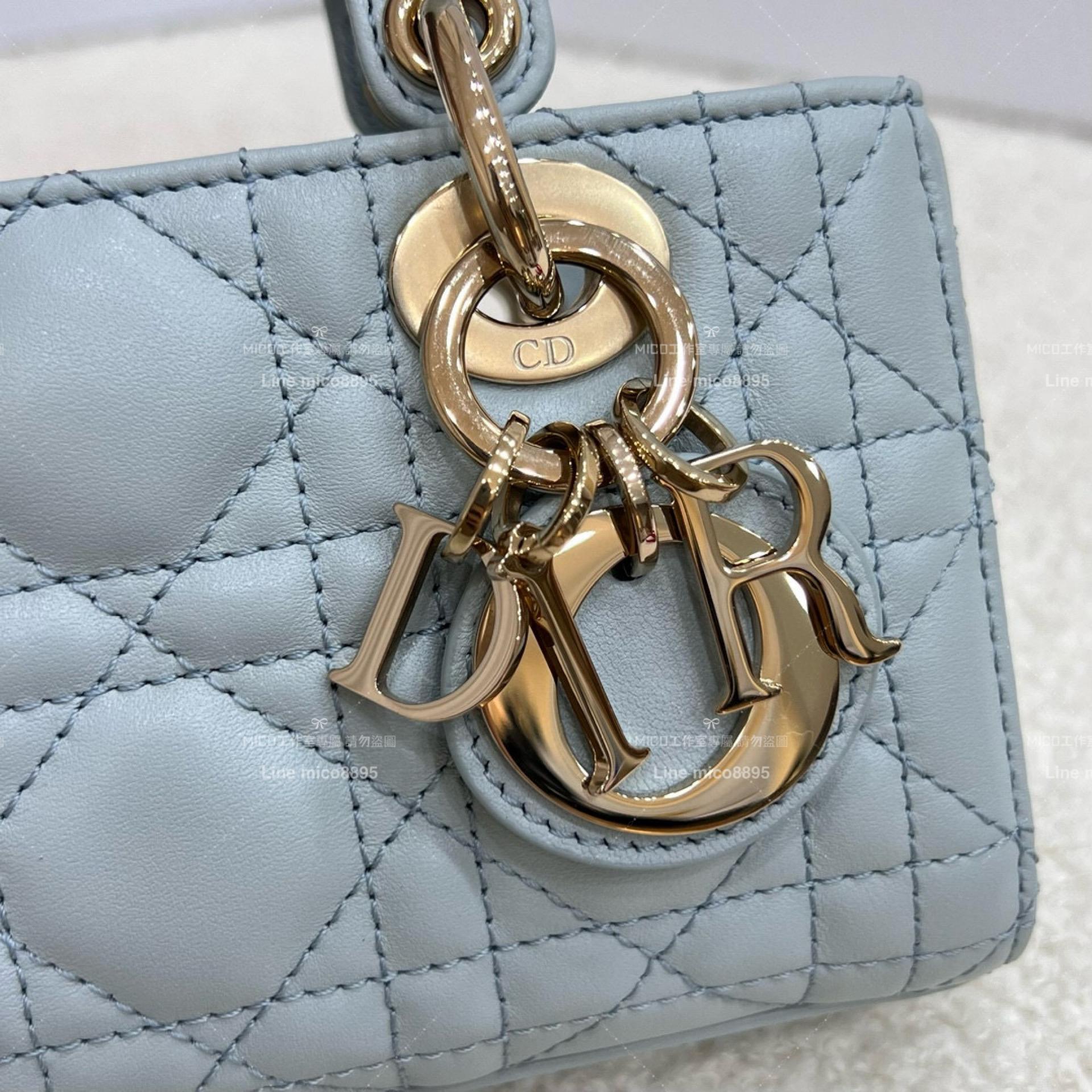 Dior 湖水藍/羊皮 全鋼五金橫版黛妃包 LADY D-Joy dior 16cm