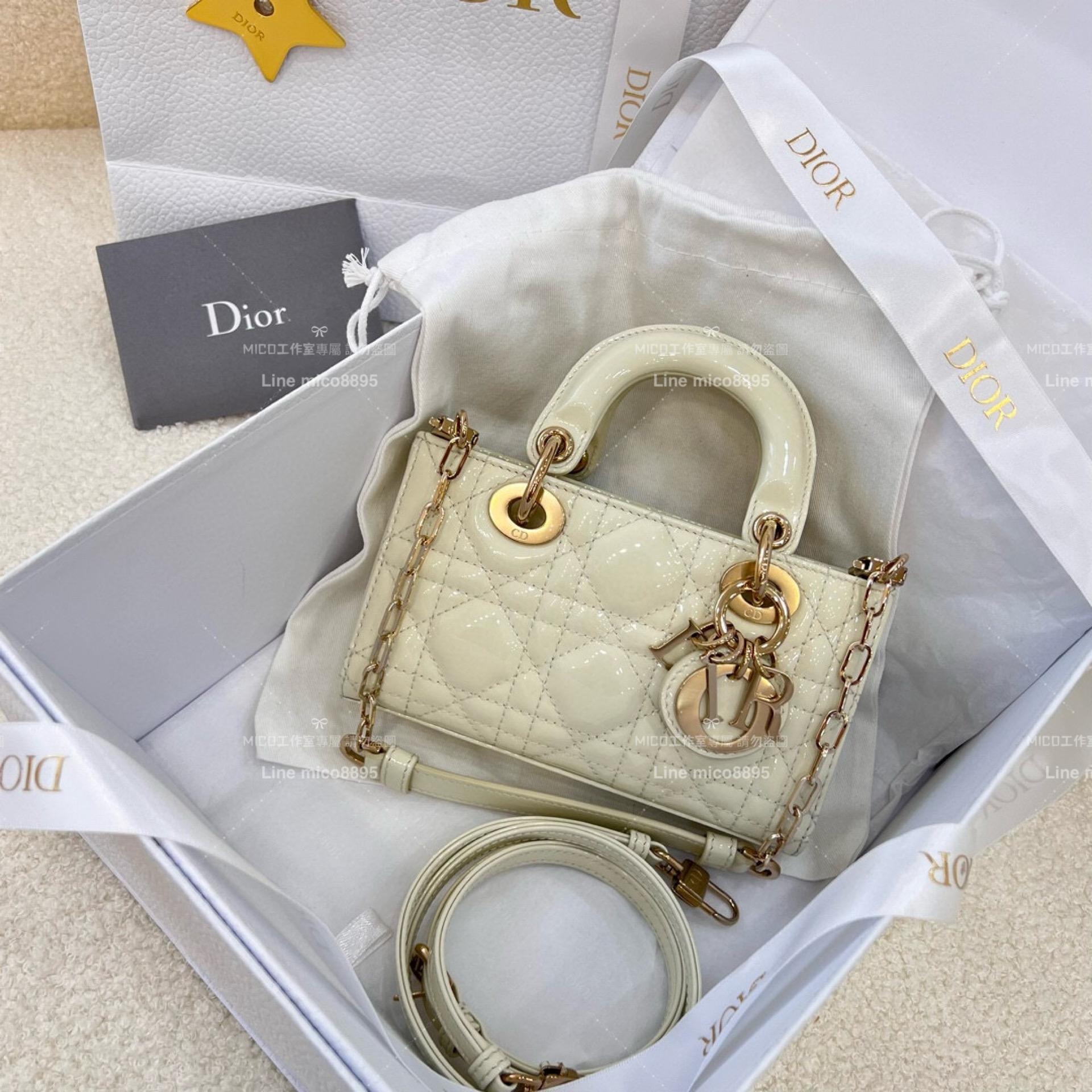 Dior 奶白色漆皮 全鋼五金橫版黛妃包 LADY D-Joy dior 16cm