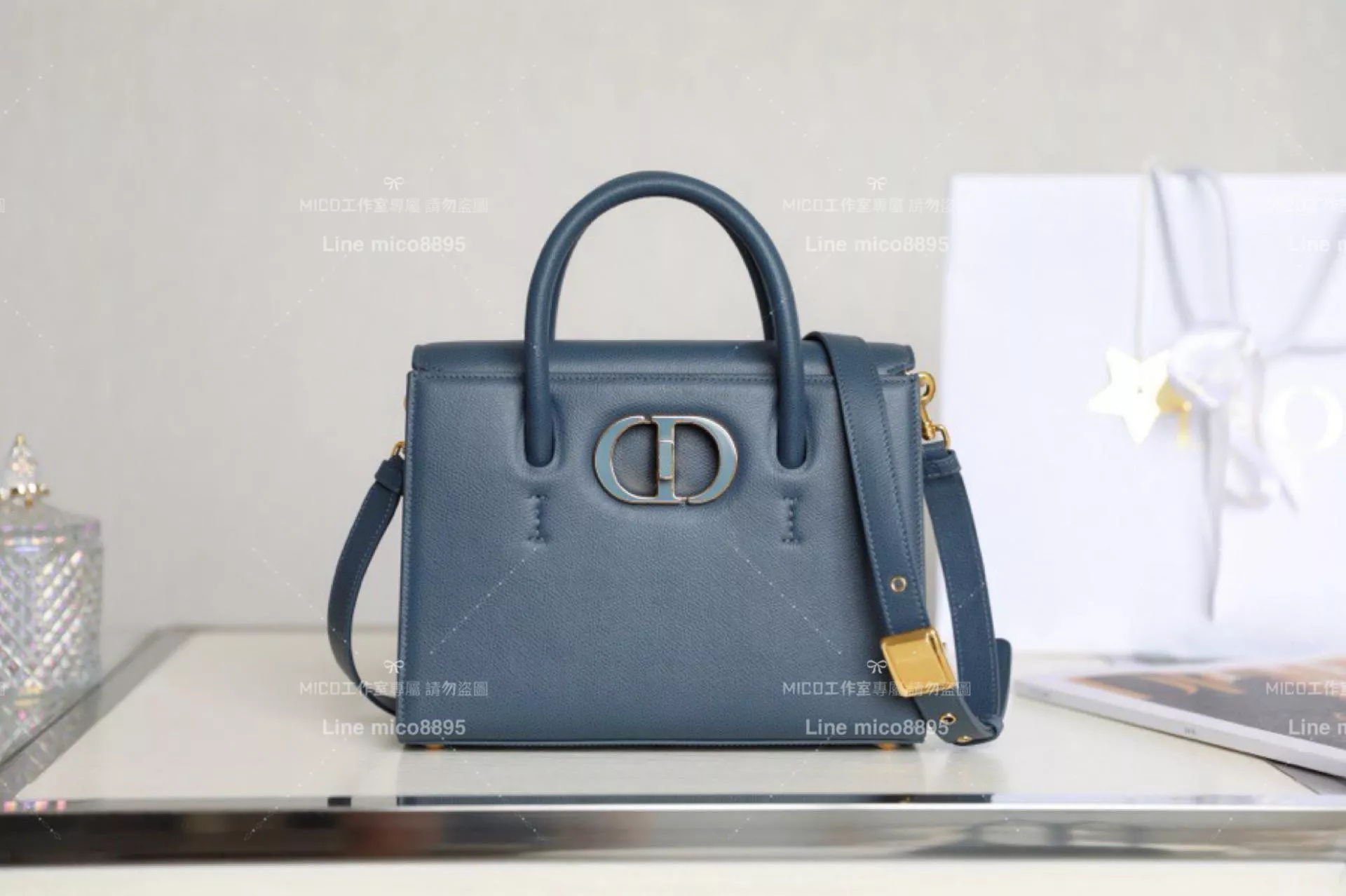 Dior 藍色 30 Montaigne手提包 公事包 可調節皮革肩背帶 25cm