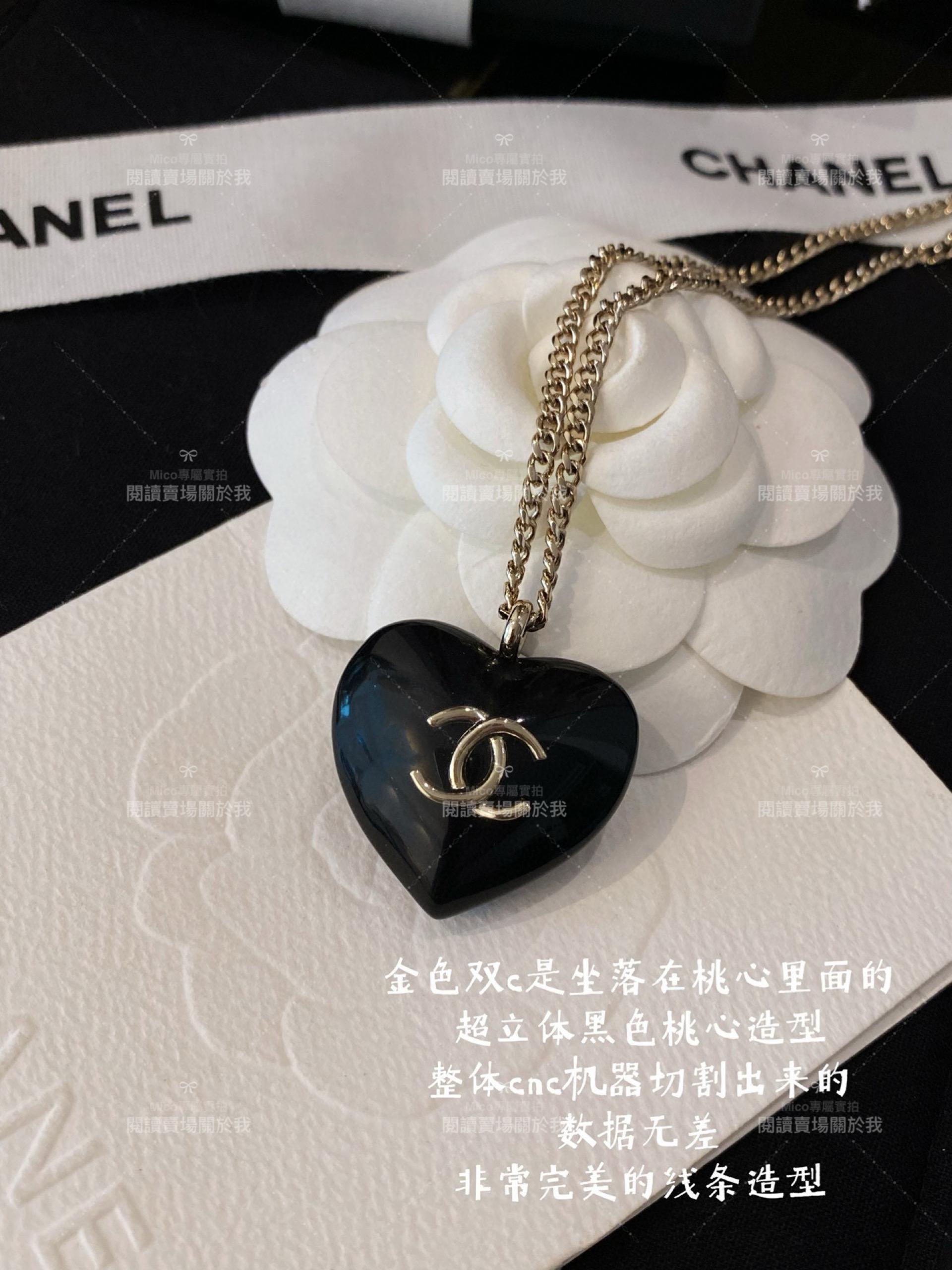 chanel 立體雙面水晶亞克力黑心項鍊 可調節長度