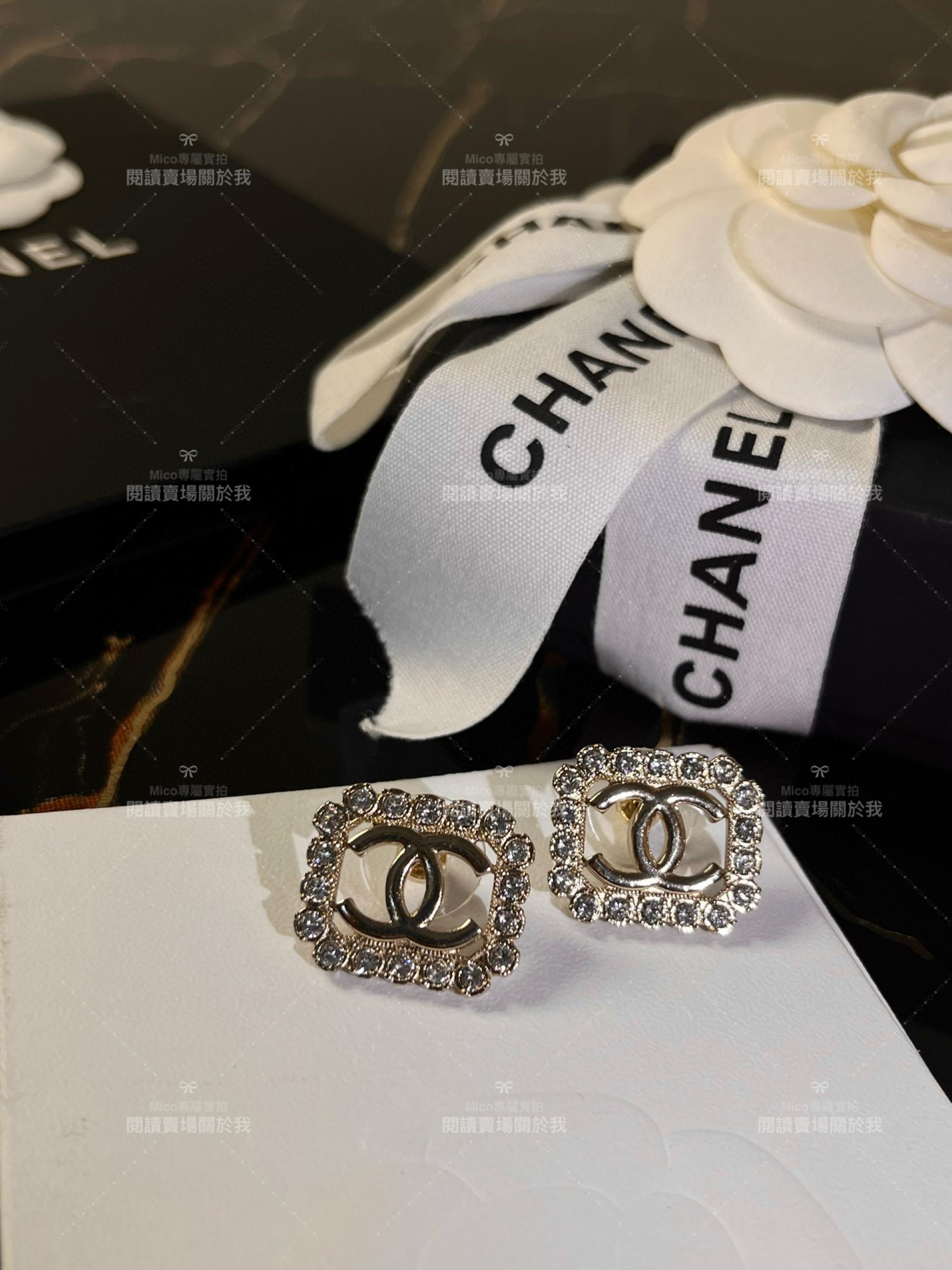 chanel 鏤空長方形邊框圓鑽雙C耳釘/耳環