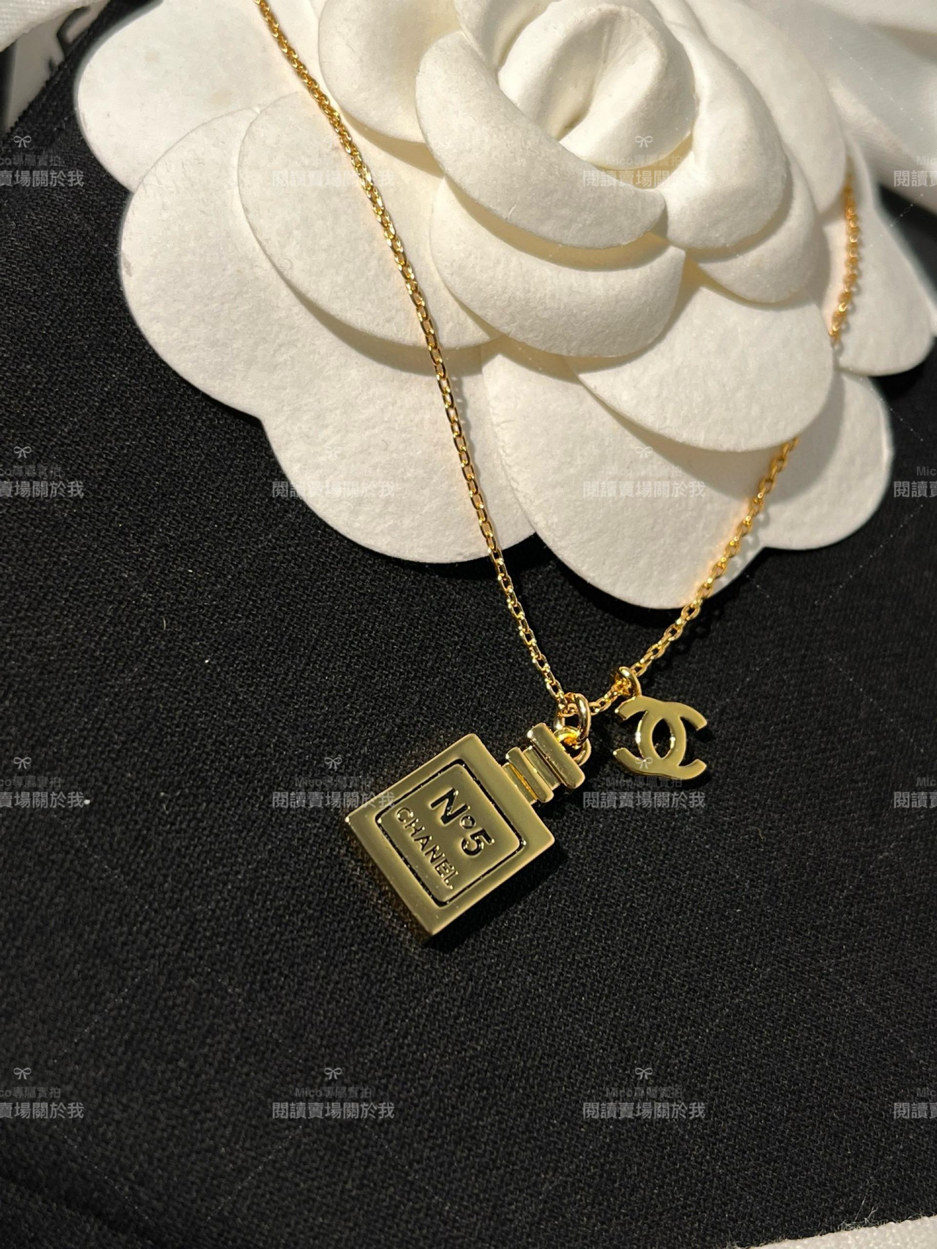 chanel 中古款 金色經典香水瓶logo雙C項鍊