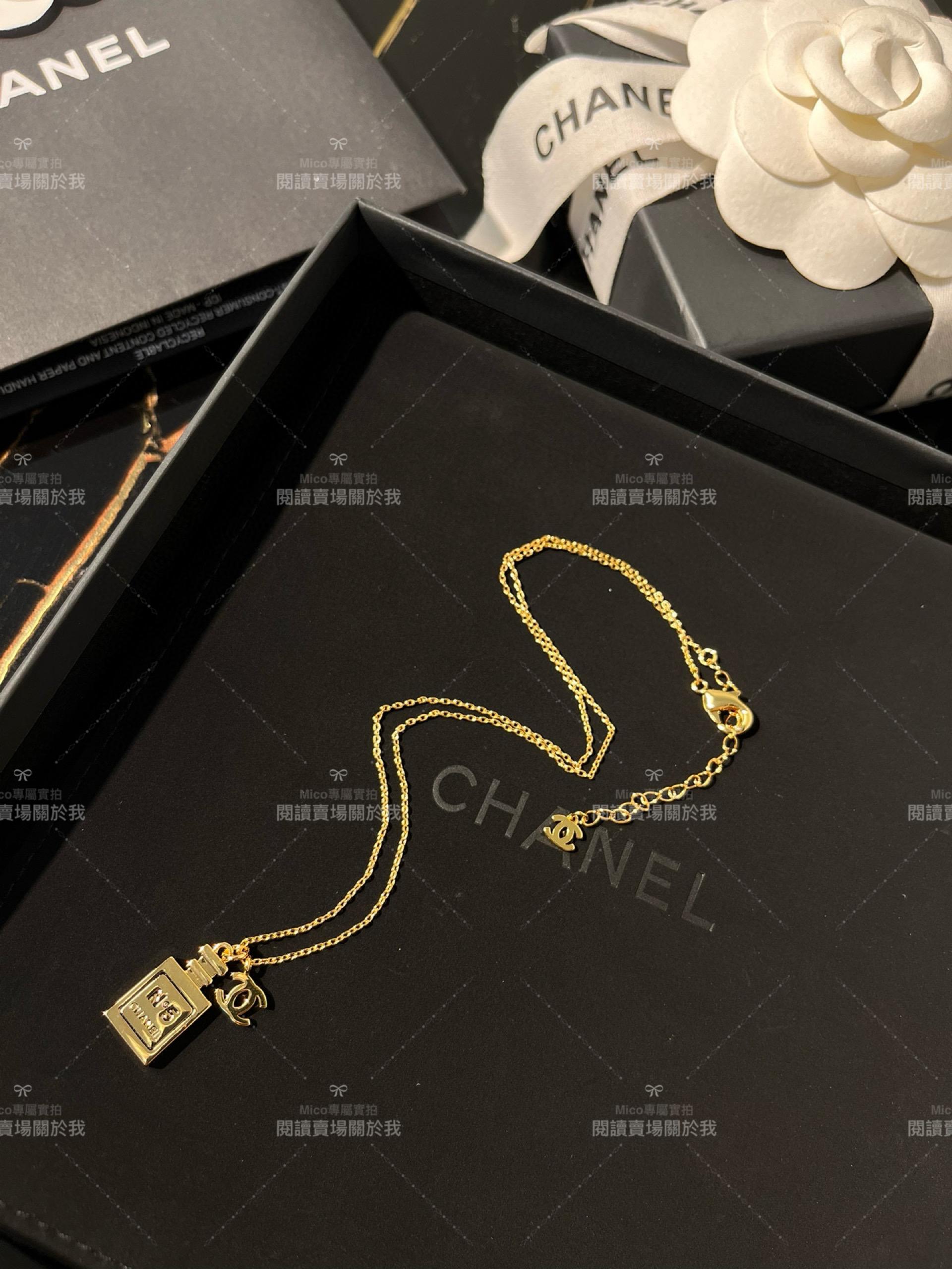 chanel 中古款 金色經典香水瓶logo雙C項鍊